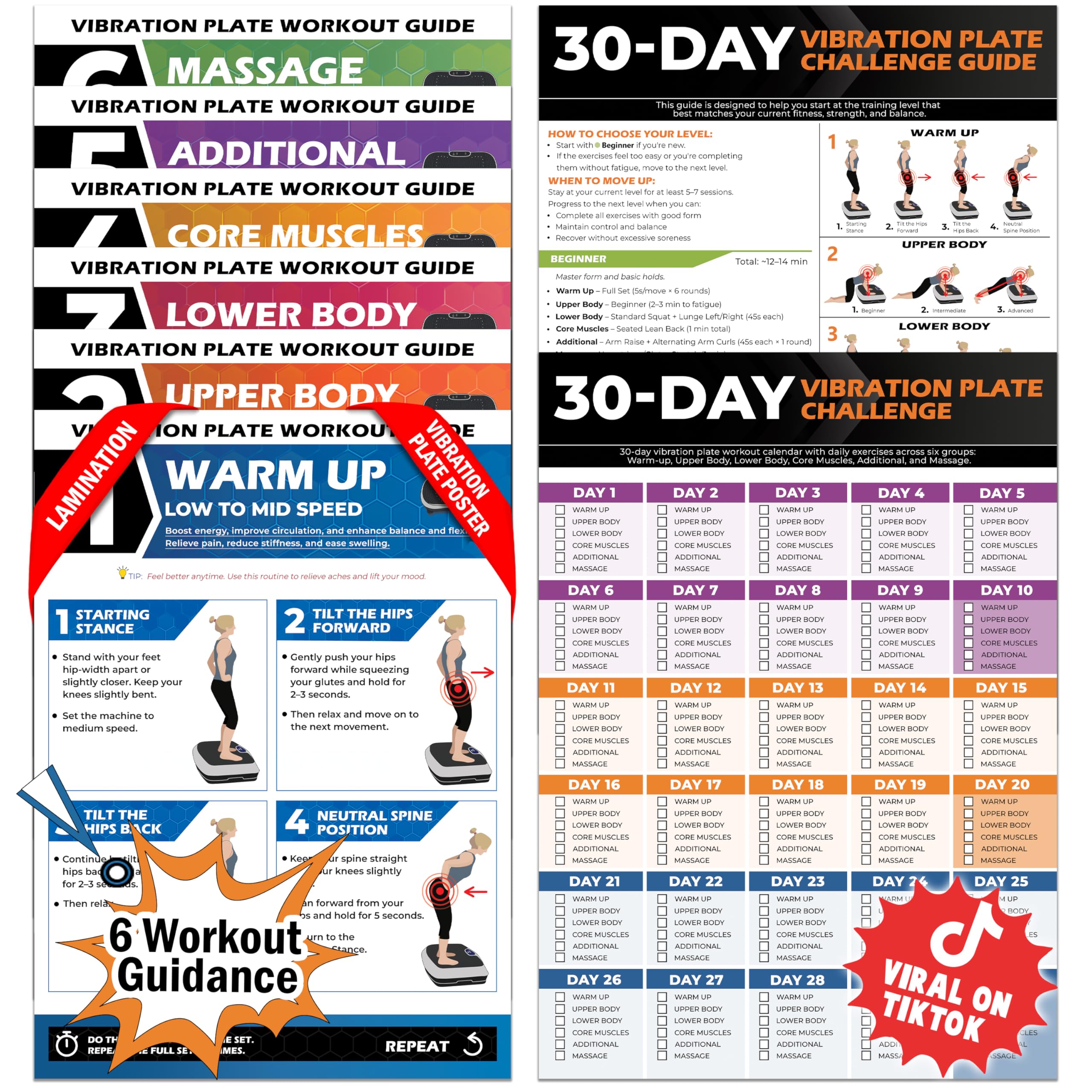 Vibration Plate Workout Poster Full-Body Exercises 30-Day Personalized Plan Beginner to Advanced Guidance Fits All Vibration Machines Home