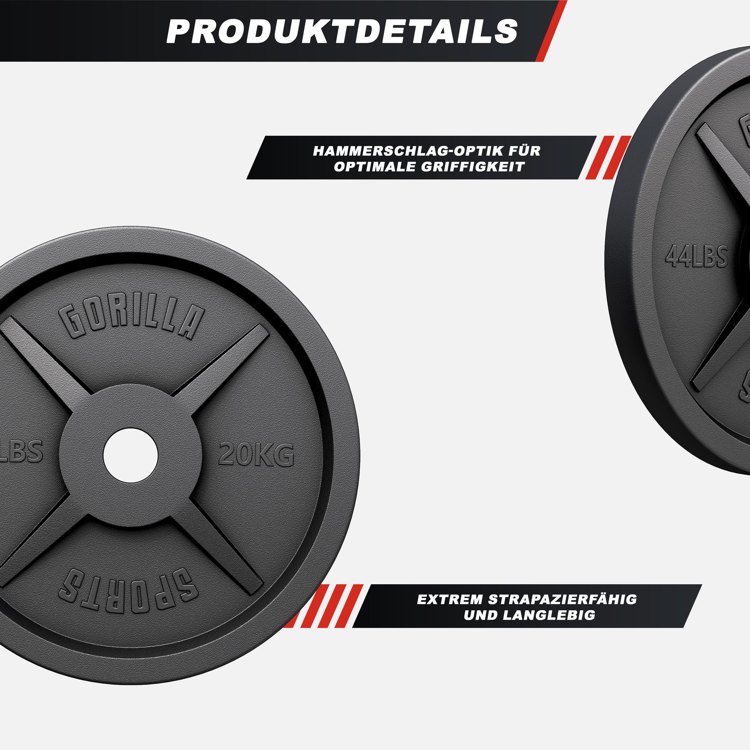 GORILLA SPORTS® Olympia Hantelscheiben - 1,25kg, 2,5kg, 5kg, 10kg, 15kg, 20kg, 25kg, 30kg Gewichte, 50mm Bohrung, Gusseisen, Einzeln/Set - Gewichtsscheiben, Hantelscheiben-Set, Hanteln