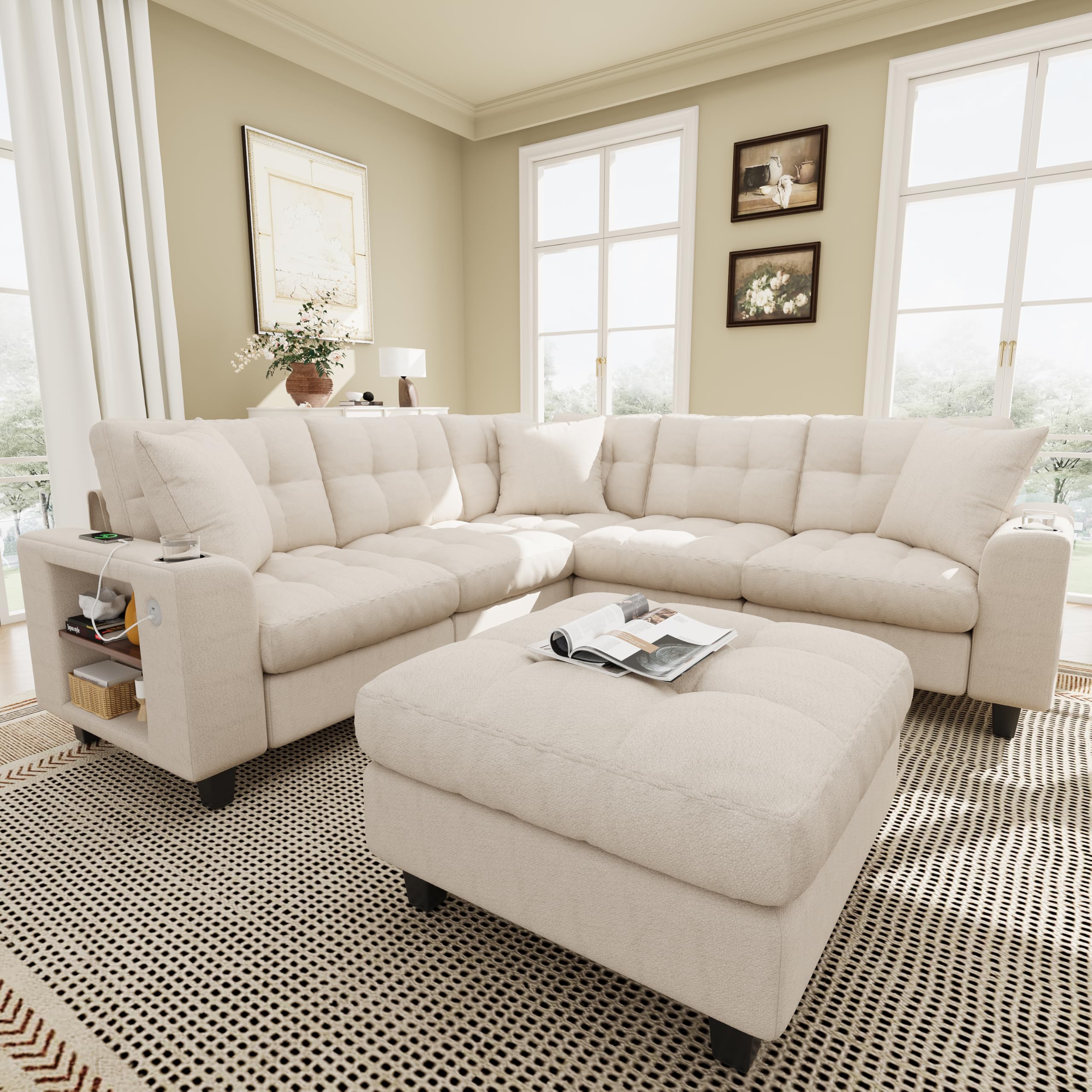 Sapgaks Sofá modular moderno de 6 plazas, con USB y portavasos, sofá de esquina modular muy grande en forma de U/L, con reposapiés extraíble y apoyabrazos con estantería, tela de chenilla, beige
