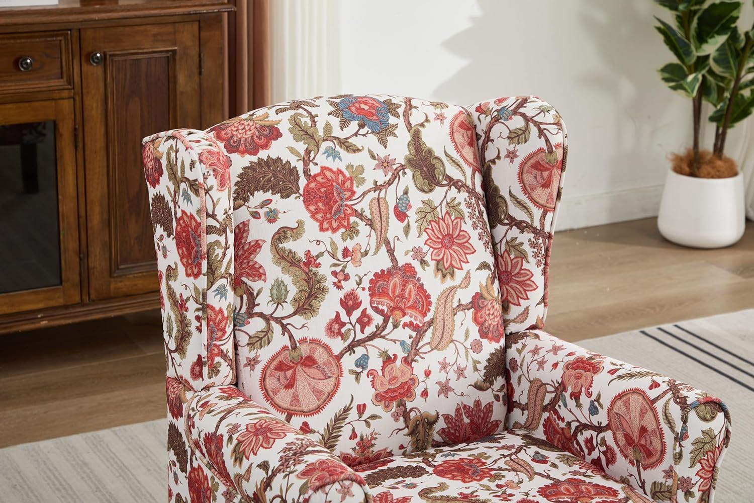 KEIKI Modern Floral Accent Chair Retro Wood Legs, Linen Wingback Seat for Living Room Bedroom Reading Nook, Floral Single Sofa Chair with Pine Frame, Plush Padded Foam, Easy Setup, Brown Yellow