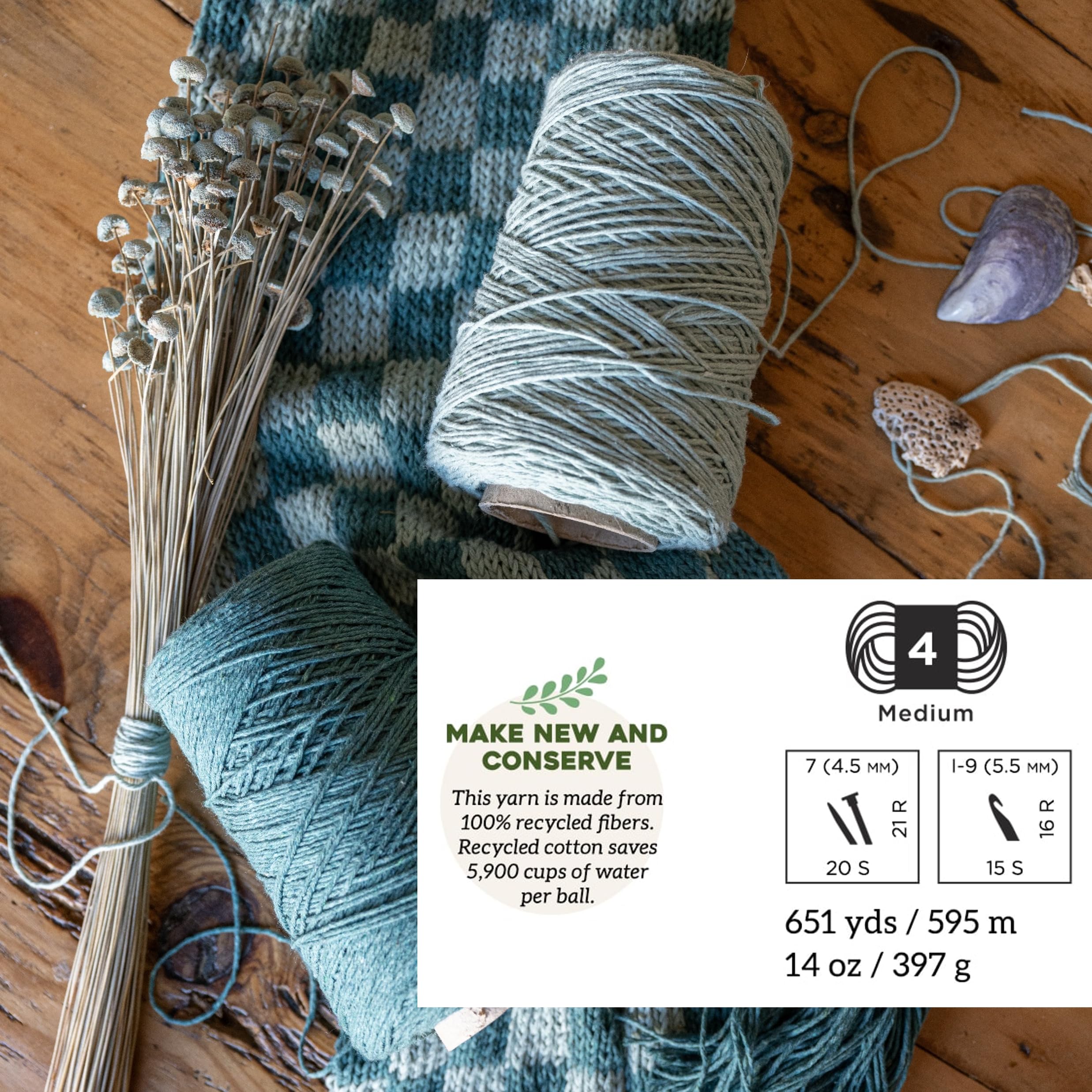 Lion Brand Yarn Re-Up Bonus Gomitolo Da 595m - 70% Cotone Riciclato 30% Poliestere (Surf Spray) - 4