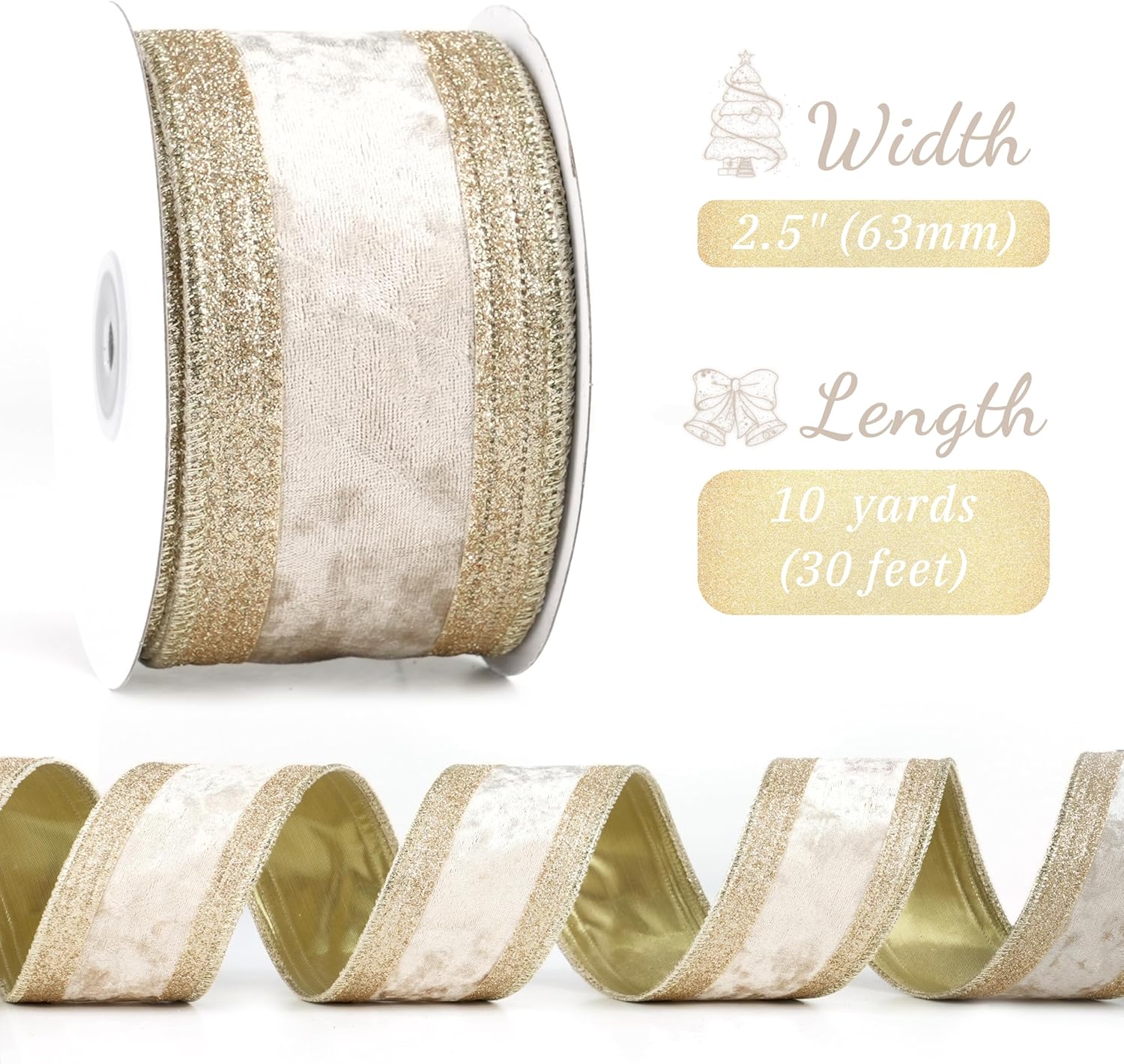Champagne Gold Velvet Wired Ribbon 2.5" X 10 Yards Champagne Velvet with Gold Glitter Border Stripe Christmas Ribbon for Tree, Wreath Supplies, Garlands Making