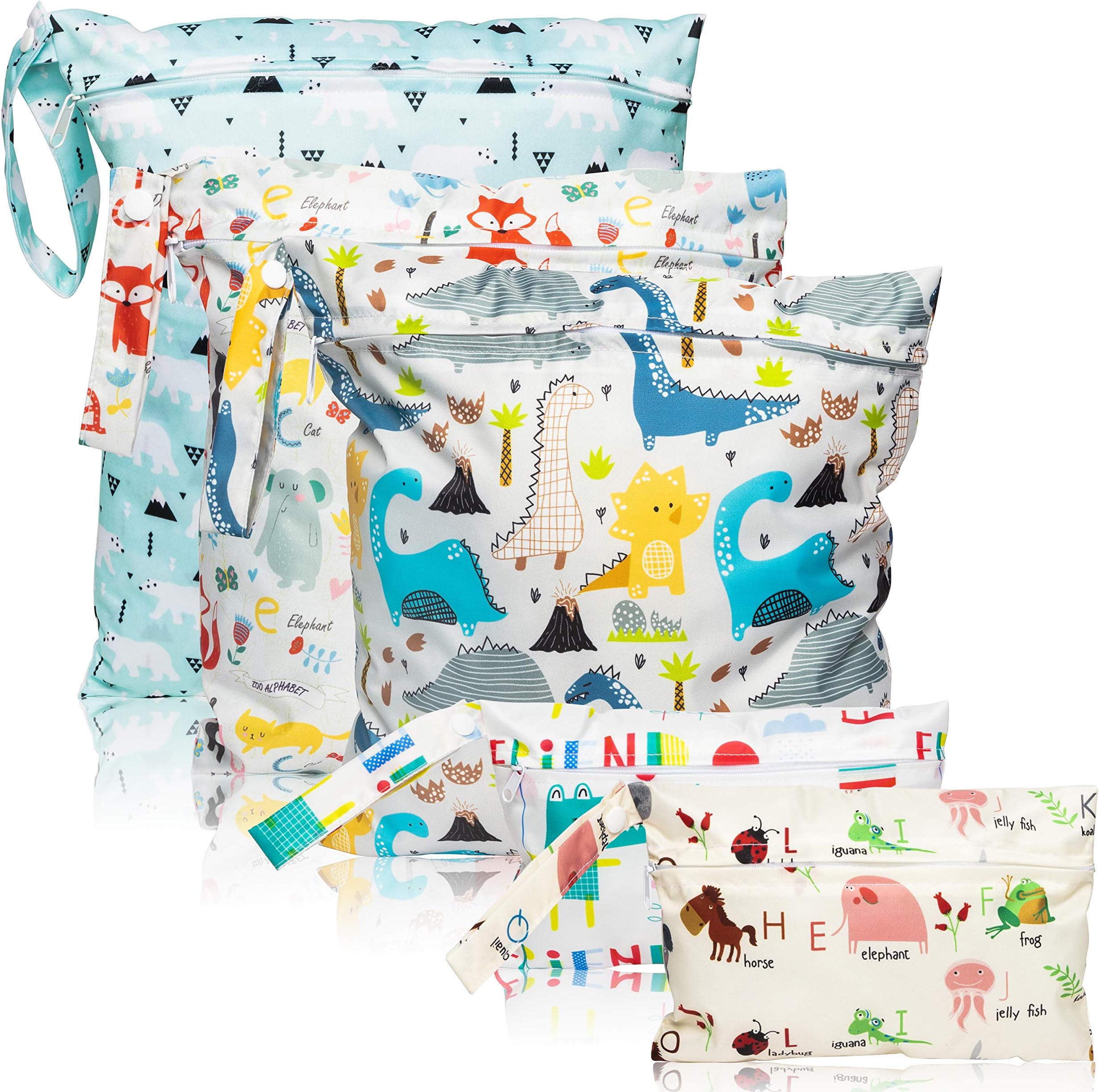 5Pcs Waterproof Reusable Diaper Baby Cloth Wet Dry Bags with 2 Zippered Pockets Travel Beach Pool Bag with Polar Bear Dinosaur Animal Alphabet Crocodile Pattern (3 Sizes)