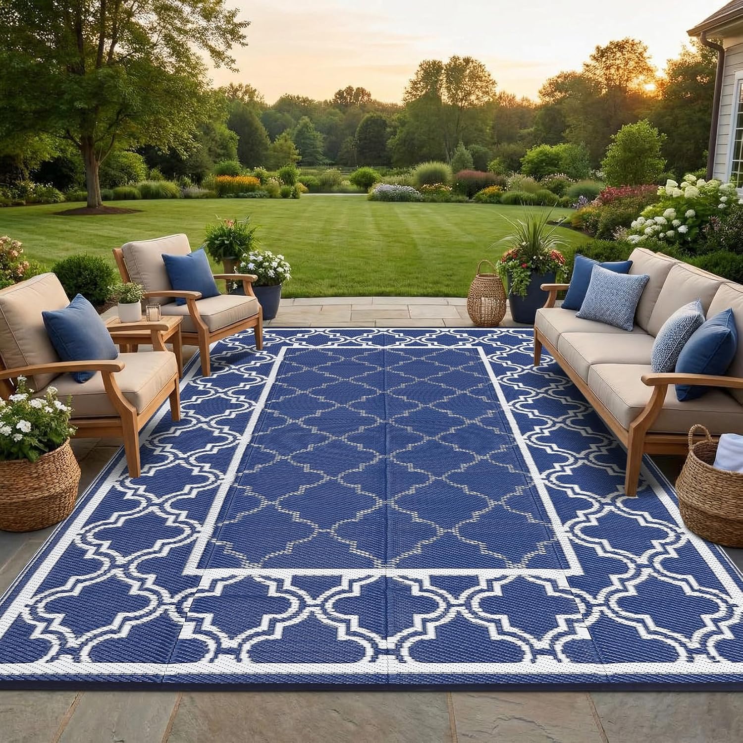 Garvee Reversible Outdoor Rug 5x8, Waterproof Outdoor Plastic Straw Rug with Interlacing Pattern, RV Mat for Picnics, Patio, Camping, Balcony, Deck, Backyard, Porch, Blue