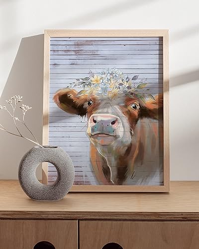 Miniatura 5 de HAUS AND HUES Arte de pared de vaca de granja  Estampado de animales de campo para cocina y guardería (marco beige, 12 x 16)