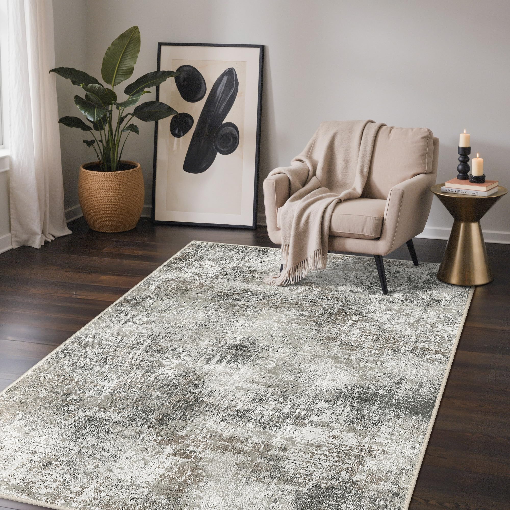 GENIMO Rug Living Room 120x170cm, Modern Abstract Area Rugs Washable, Non-Slip Floor Carpet, Low Pile, Non-Shedding, Dining Room, Bedroom, Kitchen, Indoor, Beige Light Brown