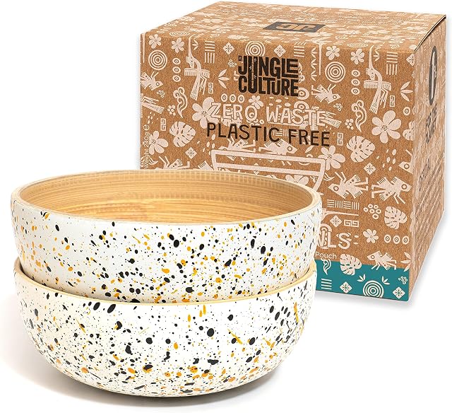 Jungle Culture® Bamboo Bowls Set of 2  Wooden Bowl for Food & Cereal  Salad Serving Bowls  Pasta, Snacks, Popcorn, Fruit Bowl  Decorative Bowls for Potpourri  Vegan Gifts  Coconut Bowls