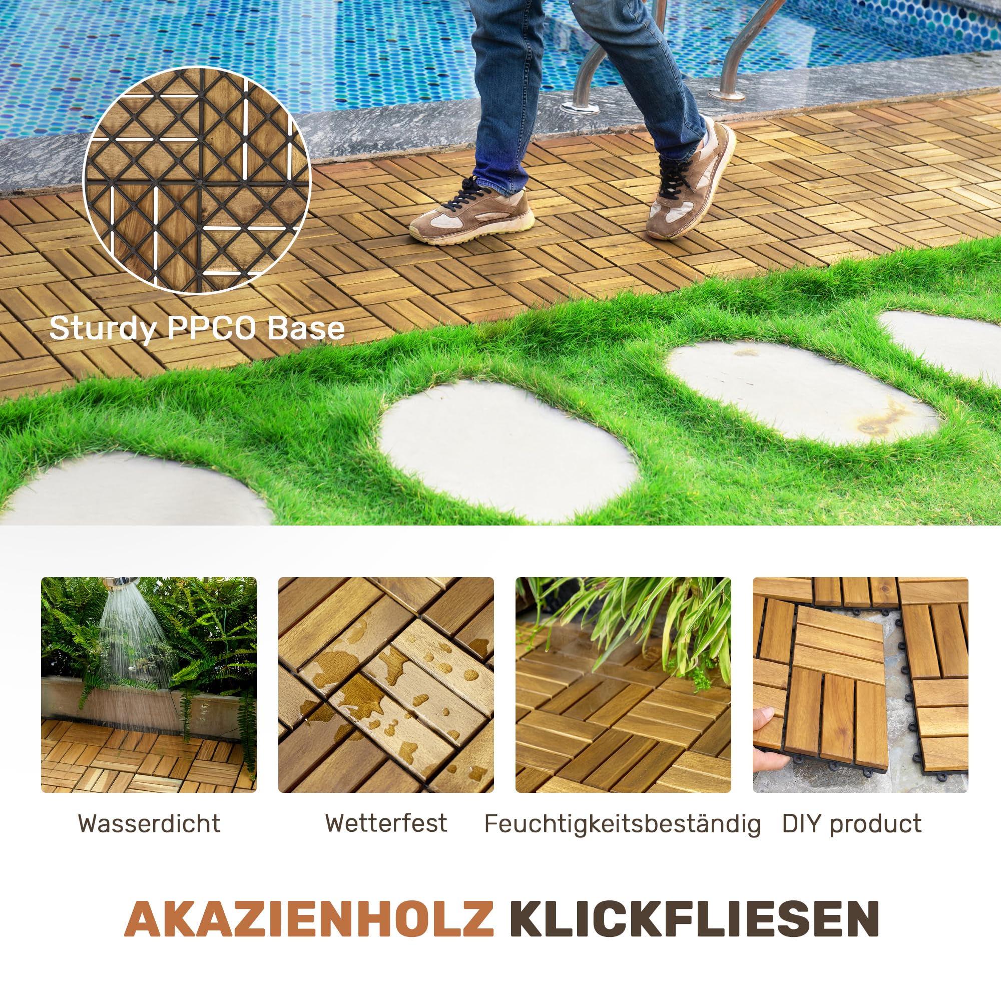 Terrassenfliesen aus Akazienholz Schachbrettmuster (32, Naturbraun)