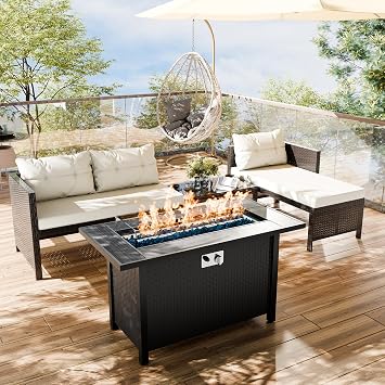 4 Piece Patio Furniture Set with 45in Fire Pit Table, Outdoor Sectional Sofa Patio Couch with Coffee Table, 50000 BTU Propane Fire Pit with Wind Guard and Rain Cover, Beige White