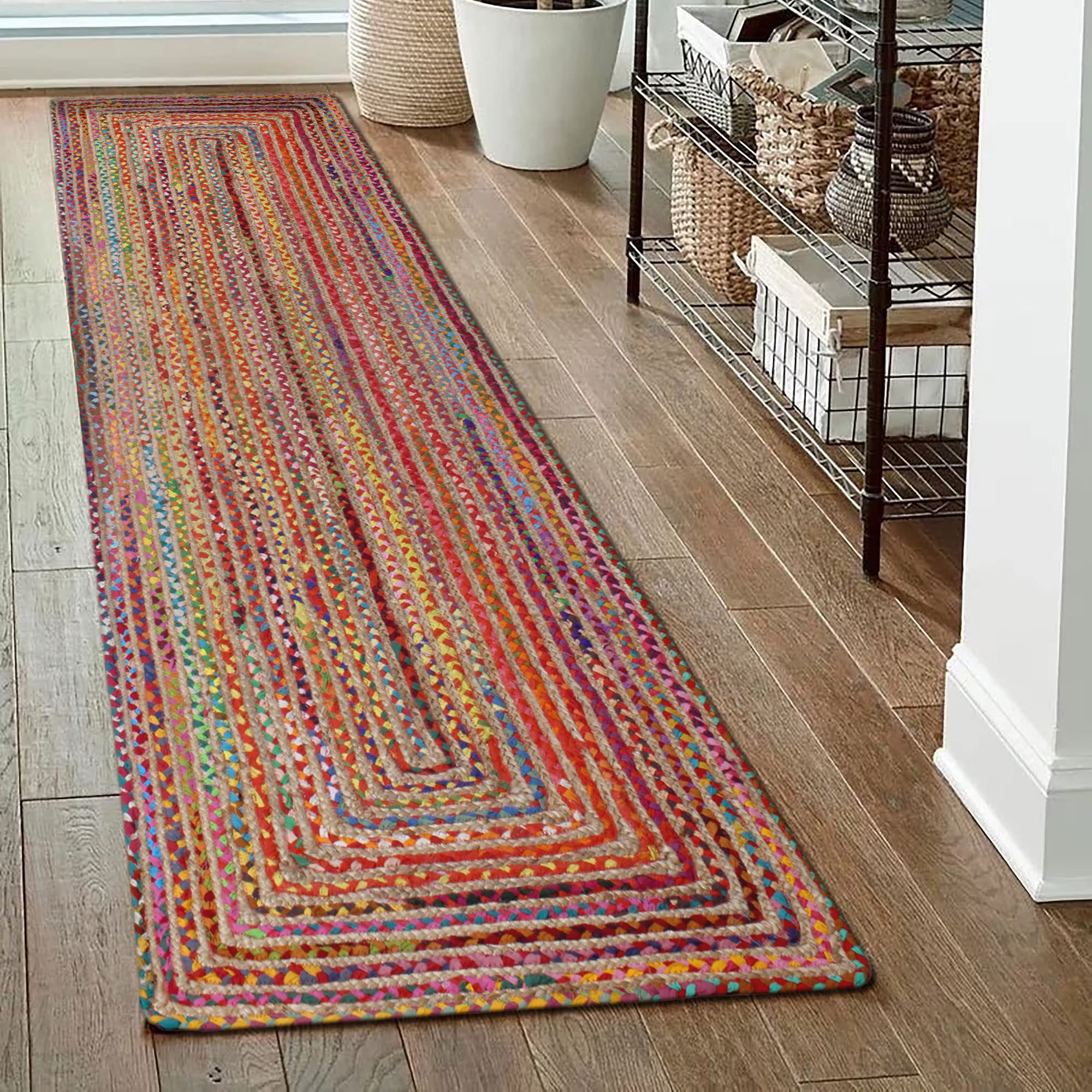 CASAVANI Alfombra 100% ecológica multiusos, geométrica multicolor de algodón Chindi y yute, para pasillo, entrada, mejores usos para sala de estar, dormitorio, comedor y cuarto de bebé, 4 x 8, 6 x 8,