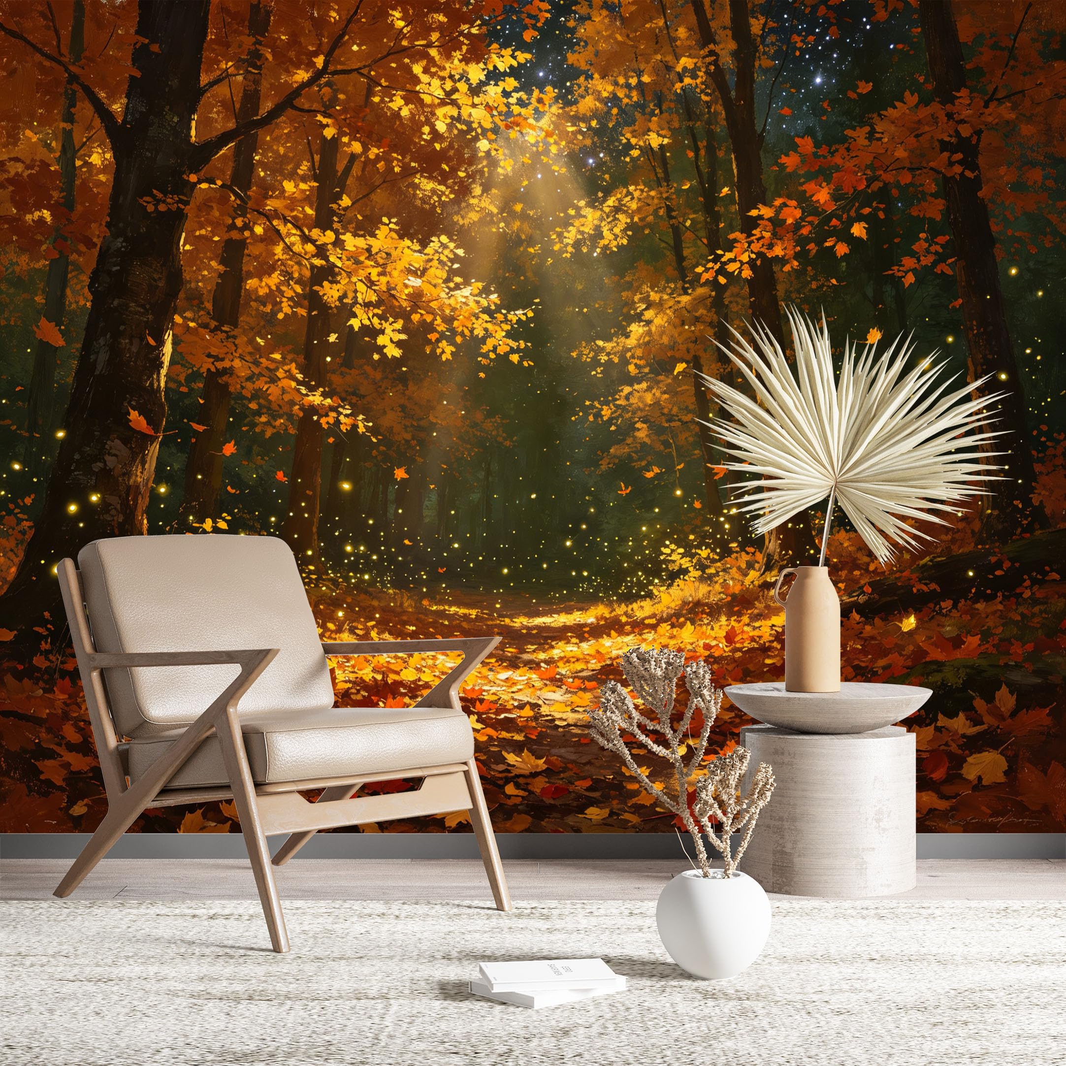 Custom Size Wall Murals Autumn Forest with Falling Leaves Wall Murals Nature Wallpaper Vivid Self-Adhesive Removable Wallpaper for Living Room Bedroom