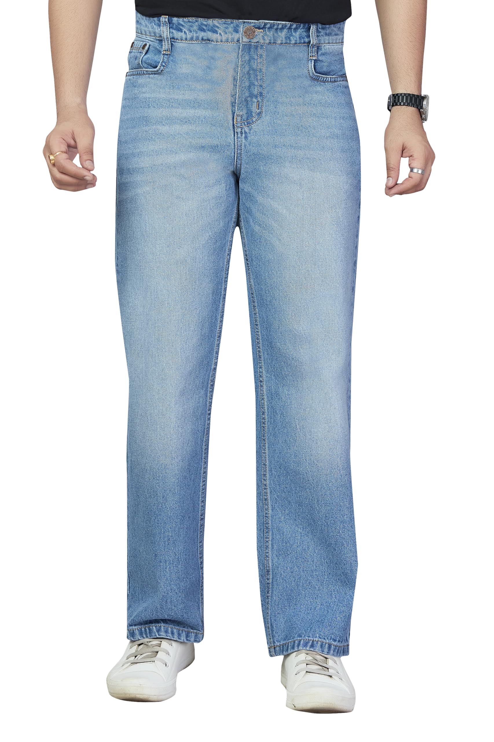 Men Straight Loose Fit 100% Cotton Denim Jeans | Casual Light Blue Relaxed Fit Comfortable Wide Leg Jeans-image-42