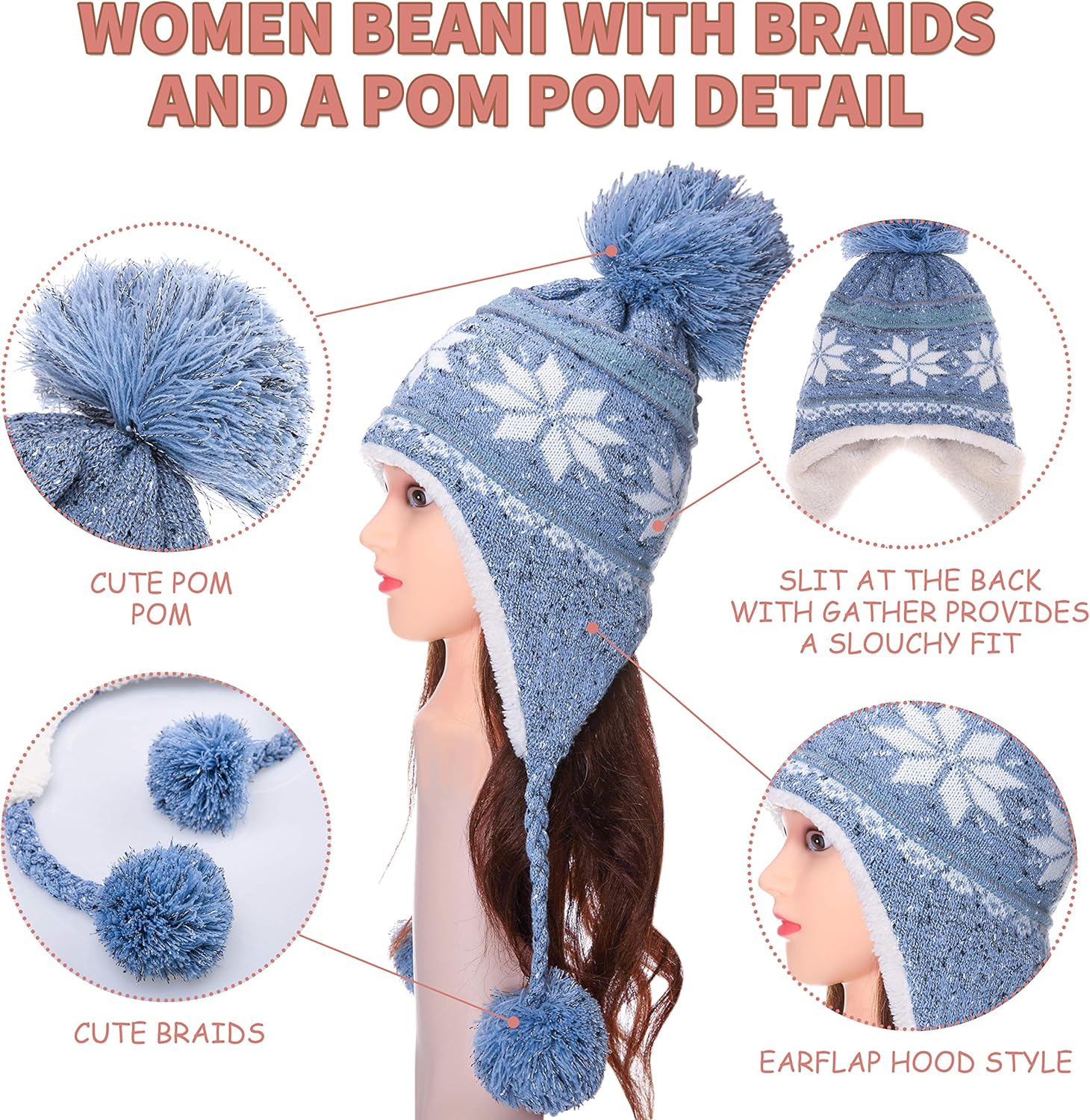 Dosoni Winter Hats for Women Knit Beanie Soft Warm Fleece Lined Long Ear Straps Snow Ski Cap with Pompom - Image 2