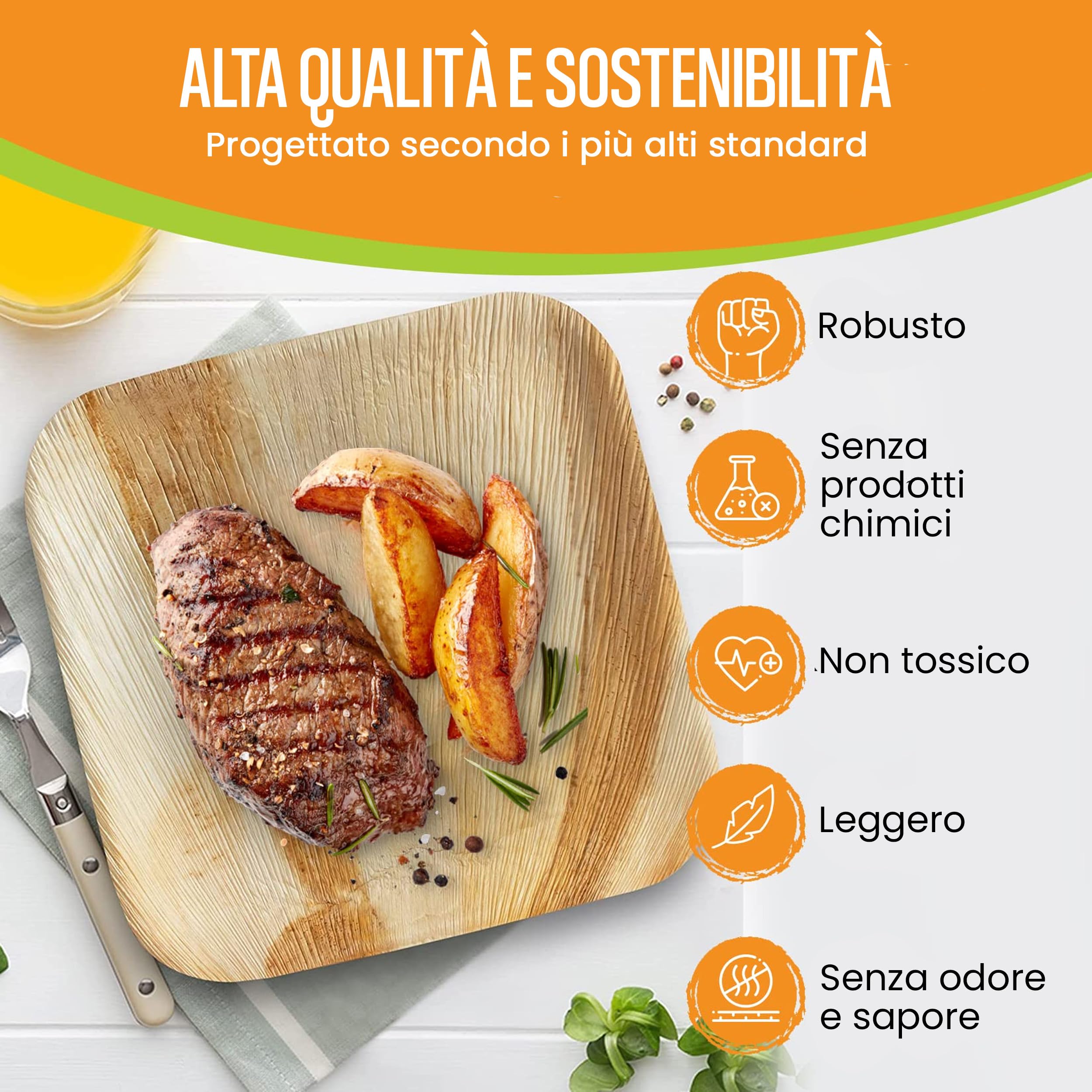 Raj - Piatti quadrati in foglia di palma, 8in / 20 cm, confezione da 50