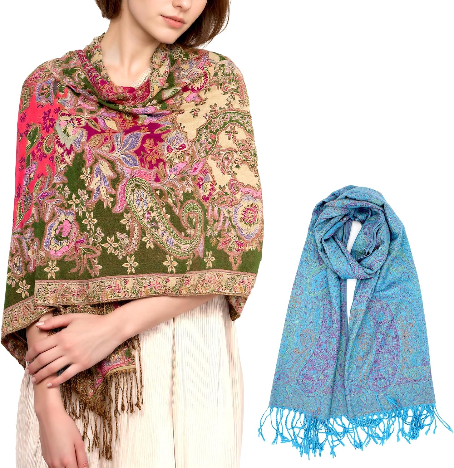 Achillea Turquoise Tapestry Shawl and Olive Rose Floral Shawl Bundle