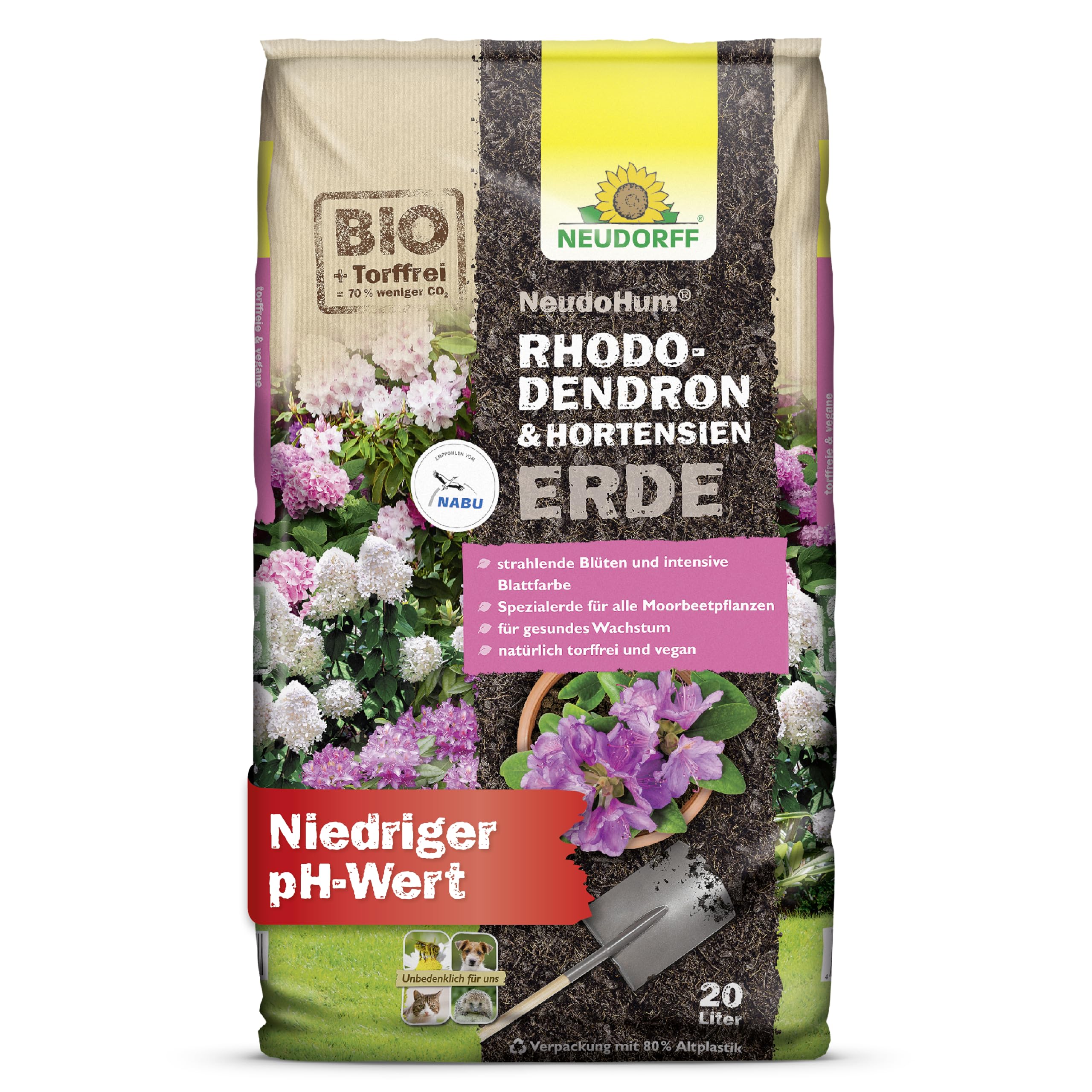 Neudorff NeudoHum RhododendronErde 20L Erde Torffreie für Hortensien - Bio HortensienErde - für prächtige Rhododendron in Topf und Kübel - auch für Moorbeetpflanzen geeignet