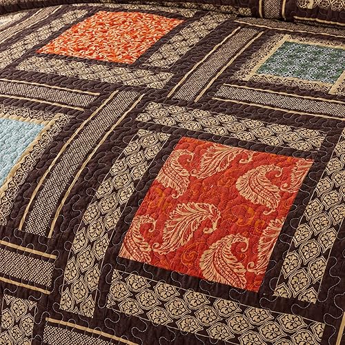 Miniatura 4 de NEWLAKE - Colcha o cubrecama de retazos de algodón, juego de edredón de 3 piezas con bordado cosido real, juego de cubrecama de tela acolchada