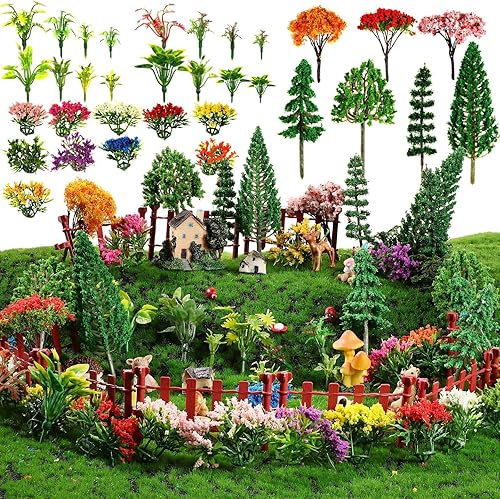 Yilloog Juego de 55 piezas en miniatura de colores en racimo de flores, mini modelo, tapetes de césped artificial, juego de 20 mini hierbas, 16