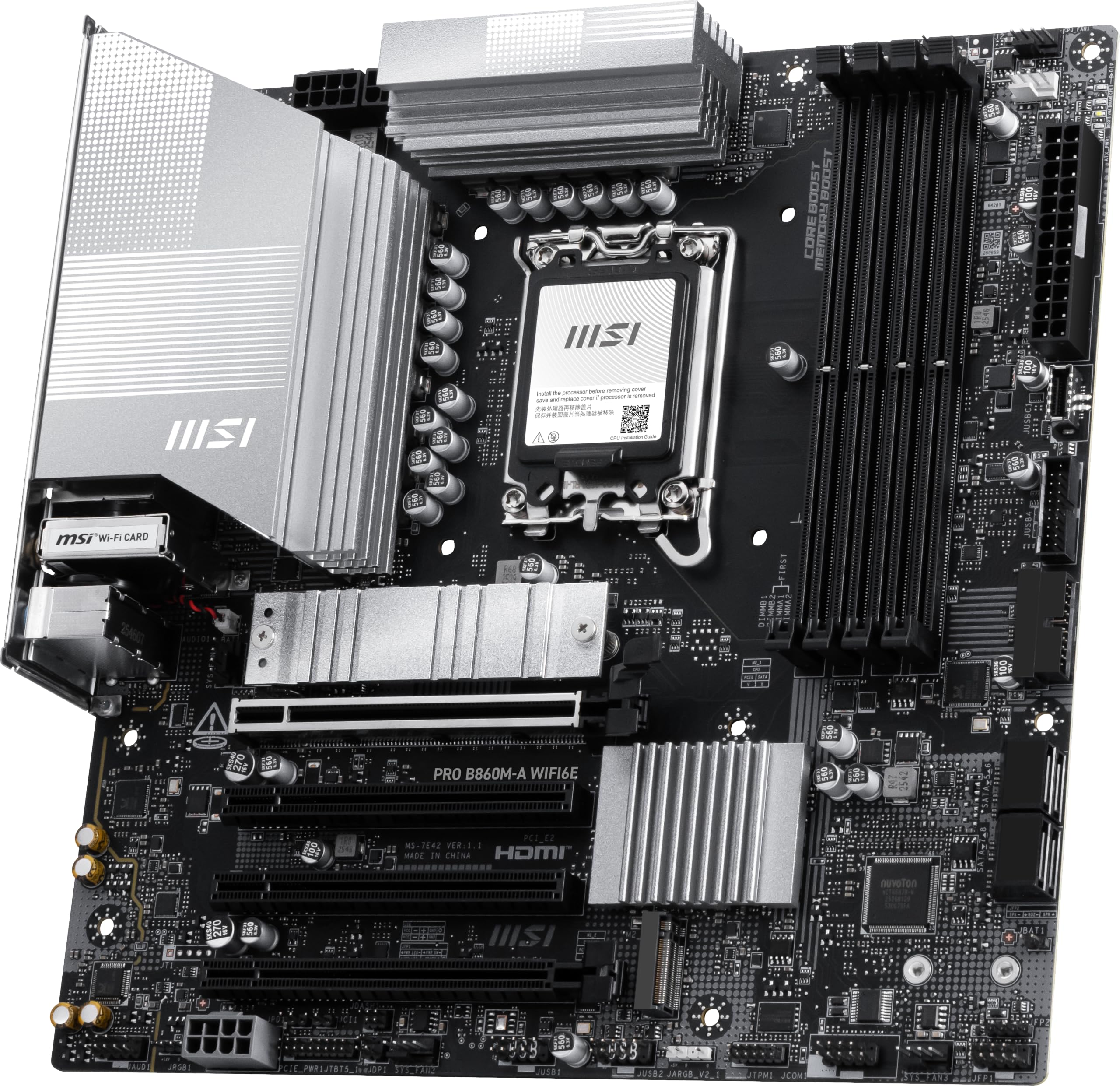 MSI Scheda madre PRO B860M-A WIFI6E, mATX, supporta processori Intel Core Ultra (serie 2), LGA 1851-12 DRPS, DDR5 Memory Boost (8800+ MT/s OC), PCIe 5.0 x16 e 4.0 x16, M.2 Gen5, Wi-Fi 7, LAN 5G