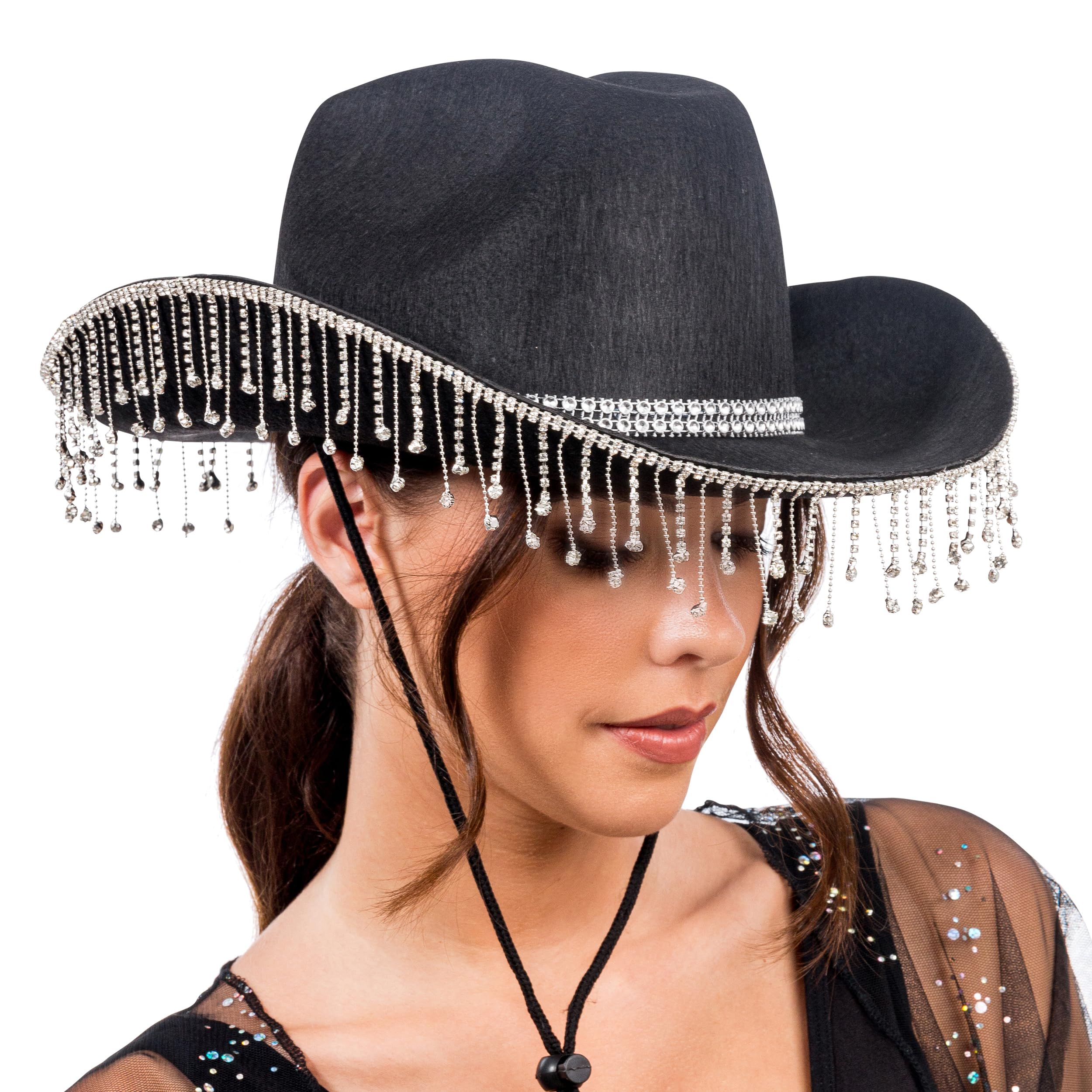 Black Cowboy Hat with Rhinestones Chain – One-Size Sparkling Western & Festival Hat, Bling Party & Costume Accessory