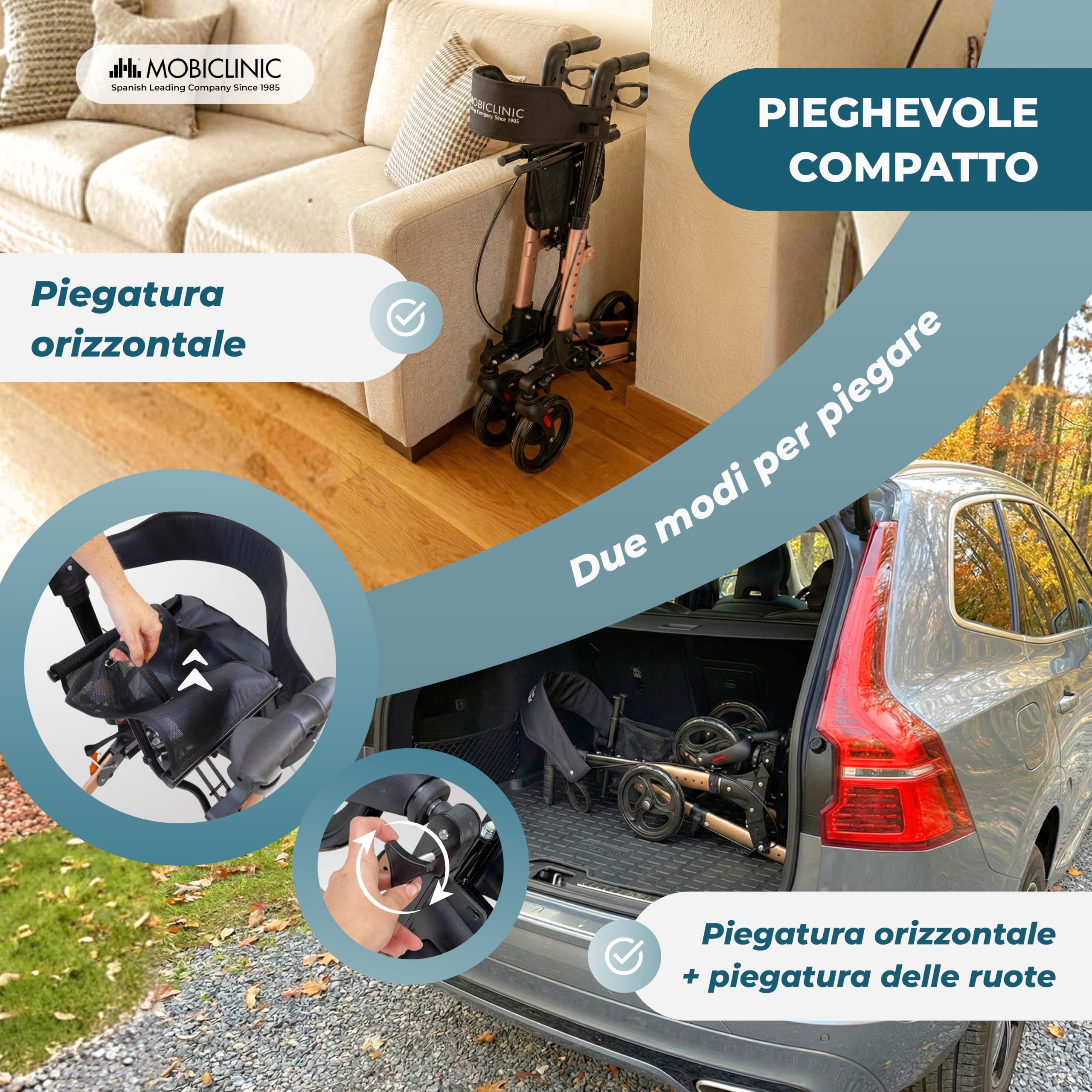 Mobiclinic®, Deambulatore Pieghevole, Seduta e Schienale, Fino a 136 kg, Oro Rosa, Altezza Regolabile, Cestino Portaoggetti, Porta Bastone, Freni e Blocco di Sicurezza, Alluminio, Trajano