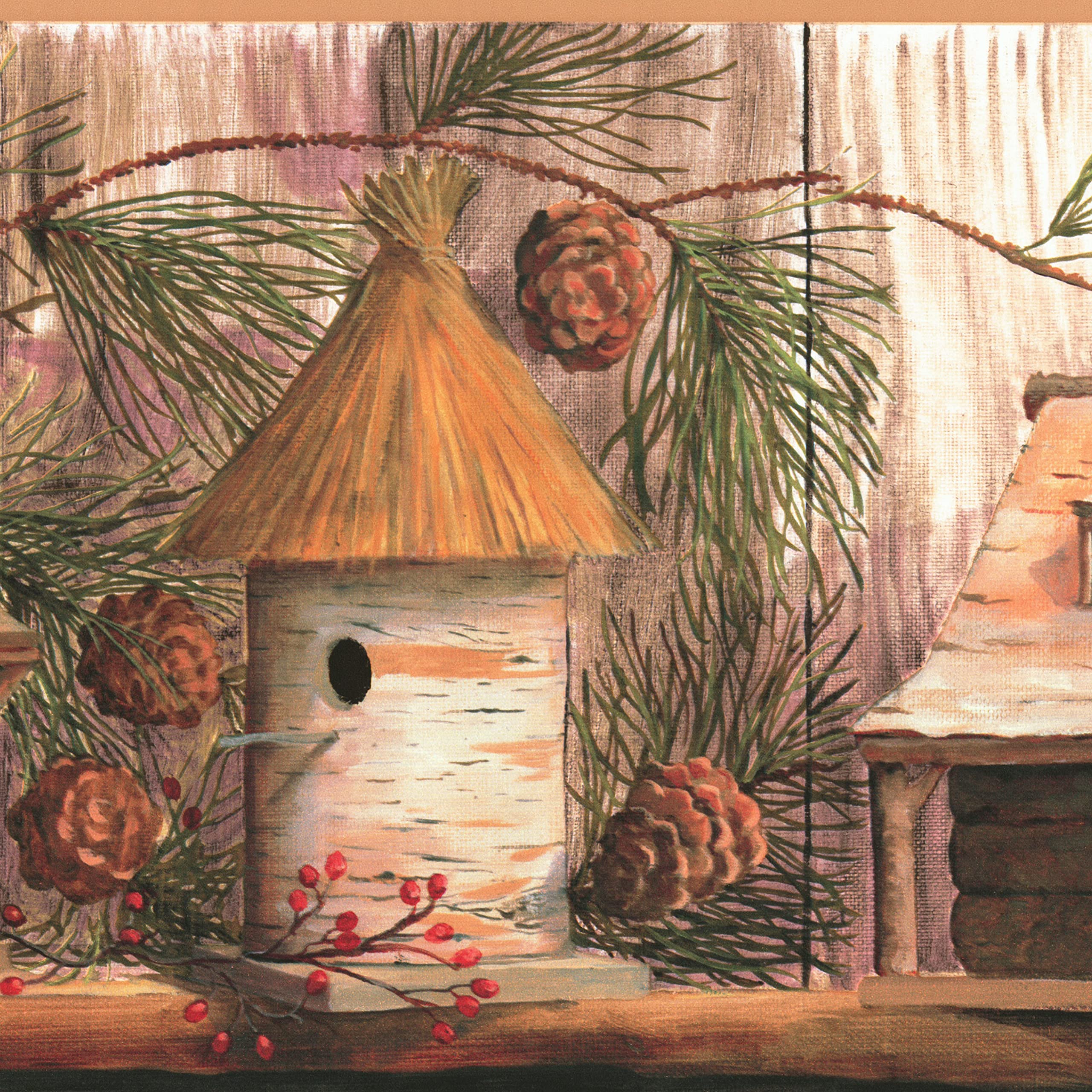 CONCORD WALLCOVERINGS ™ Wallpaper Border Country Pattern Bird Houses Pine Cones for Cottage Farmhouse Living Room, Beige Brown Green, 15 ft by 10.25