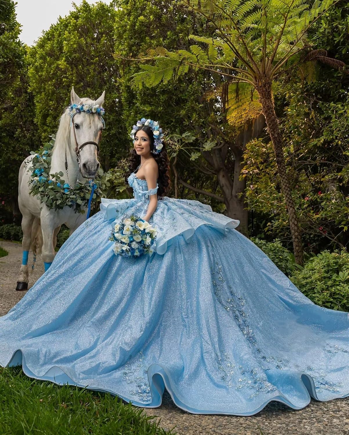 Lace Applique Quinceanera Dresses Beaded Off Shoulder Sweet 16 Dress with Ruffle Sparkly Tiered Tulle Ball Gown - Image 6