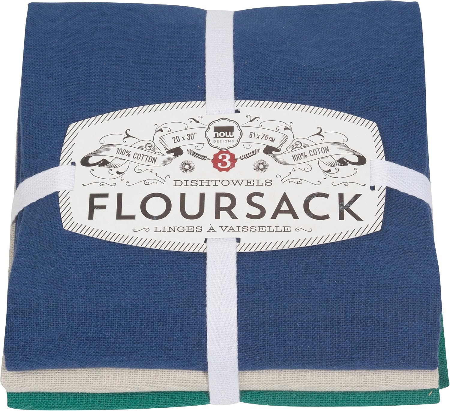 Now Designs Floursack Kitchen Dish Towels, Navy/Lunar/Emerald, 3 Count