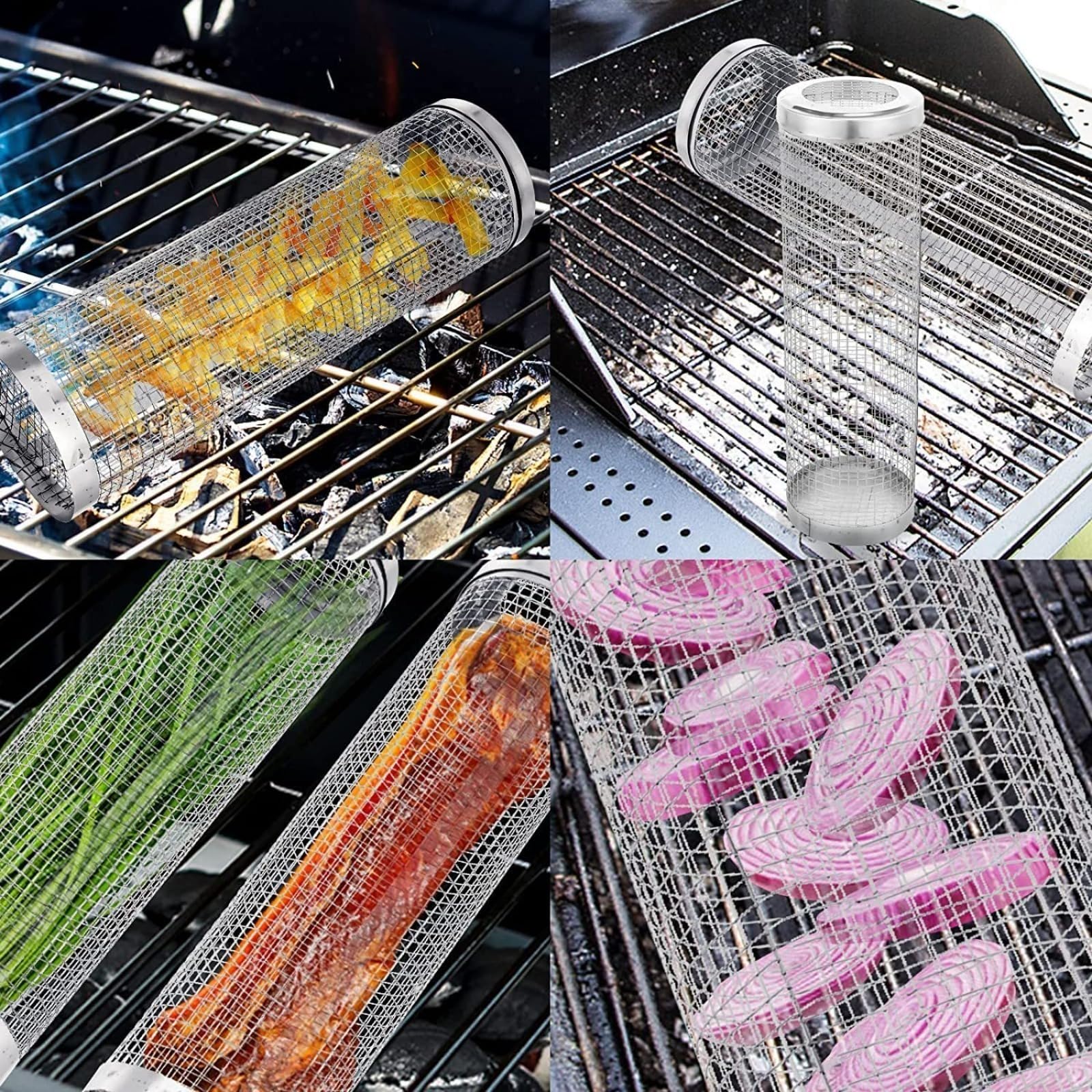 Cestello per barbecue rotante in acciaio inox, cestello cilindrico per barbecue, cestello portatile per barbecue da campeggio, adatto per grigliare verdure e carne, accessorio da cucina multifunzional