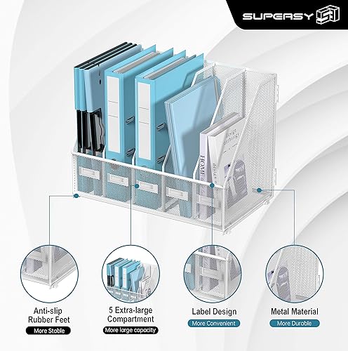 Miniatura 5 de SUPEASY Organizador de escritorio de metal para revistas, con 5 compartimentos verticales, organizador de archivos para escritorio de oficina,