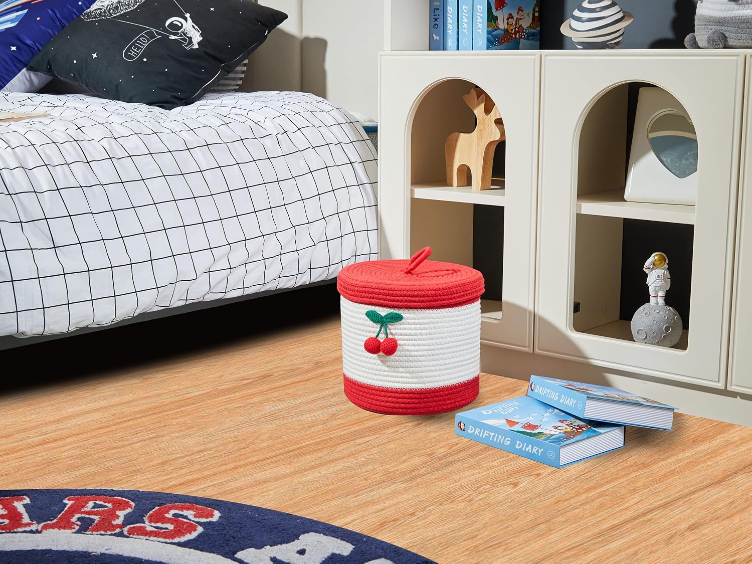 SHIANCE&LI Storage Round Baskets with Lids - Cotton Rope Woven Gift Decorative Cute Baskets with Lids - For Organizing Baby Toys Bathroom Nursery Storage Bins With Cherry(White&Red)