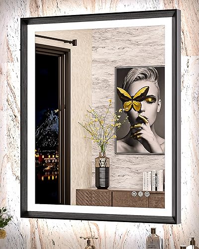 TokeShimi Espejo de tocador de baño con luz negra de 30 x 36 pulgadas, con luces delanteras y retroiluminadas para pared, marco de aluminio,