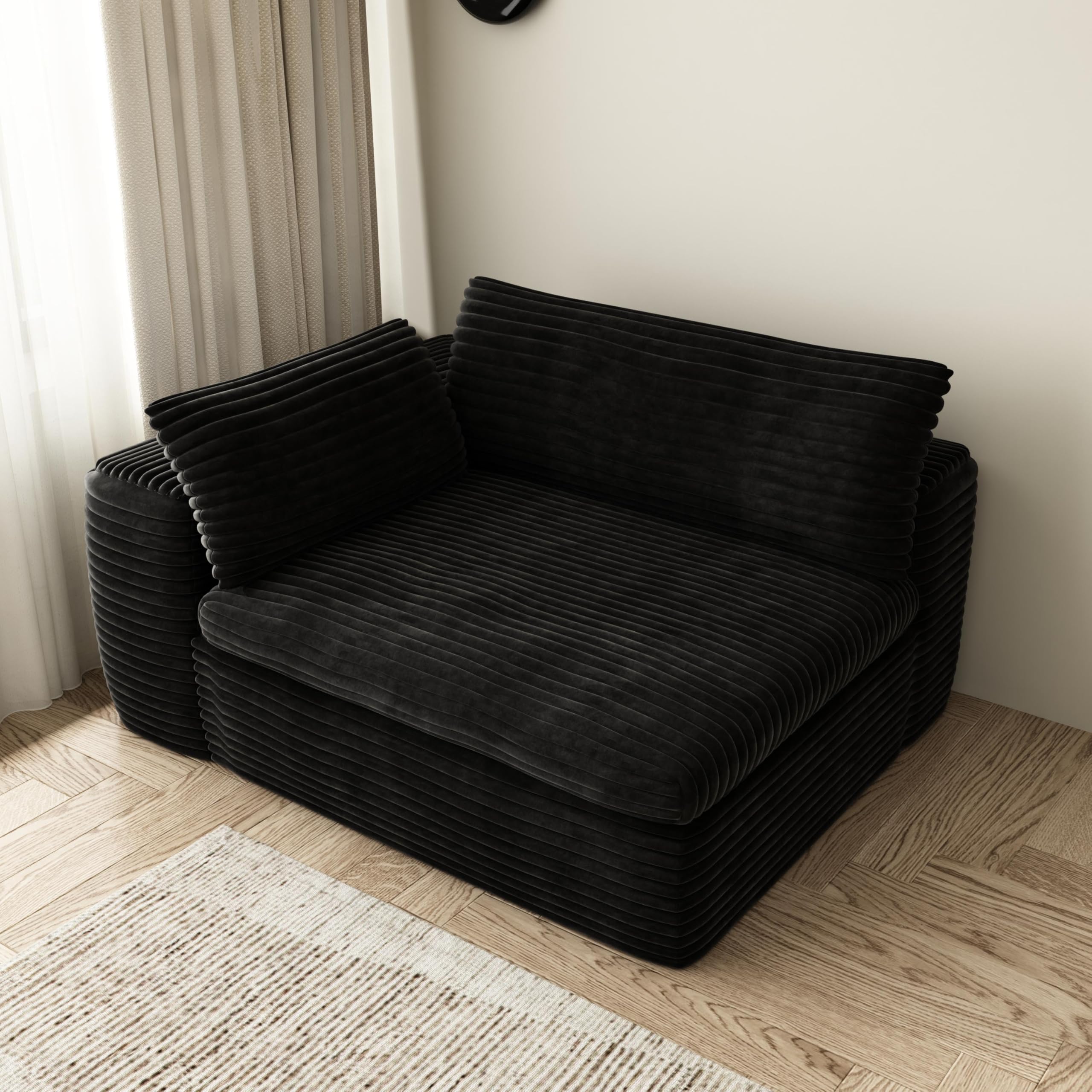 55'' Corner Sectional Couch for Living Room with Double Layer, Black Plush Corduroy Corner Couch, Boneless Cloud Sofa in a Box, Sofa Bed No Assembly