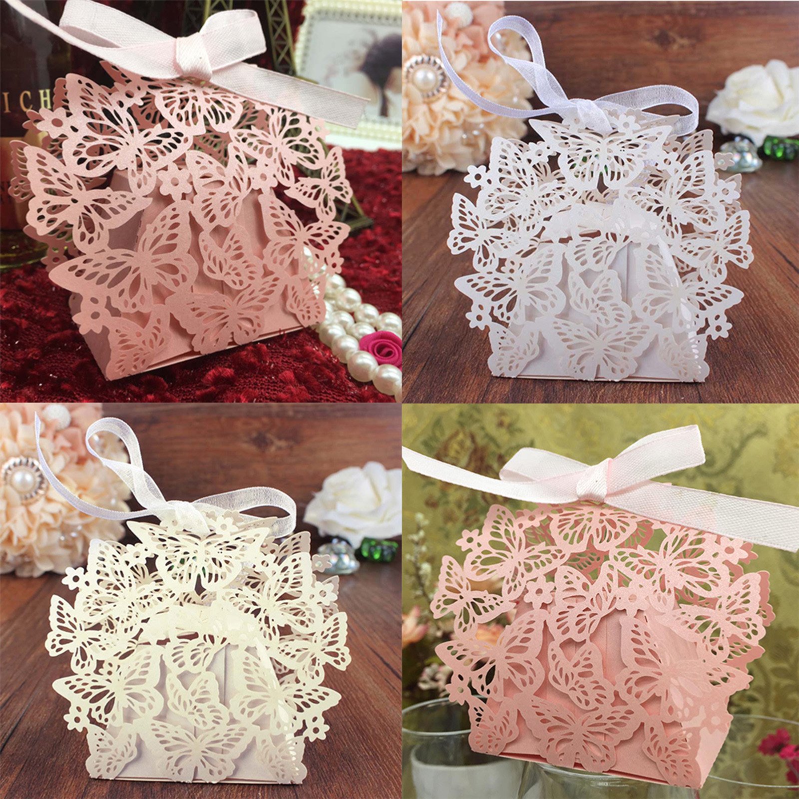 200 szt. eleganckie prezenty dla gości weselne pudełko białe, Laser Cut papier perłowy multi-motyle pudełka słodycze / cukierki/czekolada/mała biżuteria pudełko prezentowe bombonierka prezent