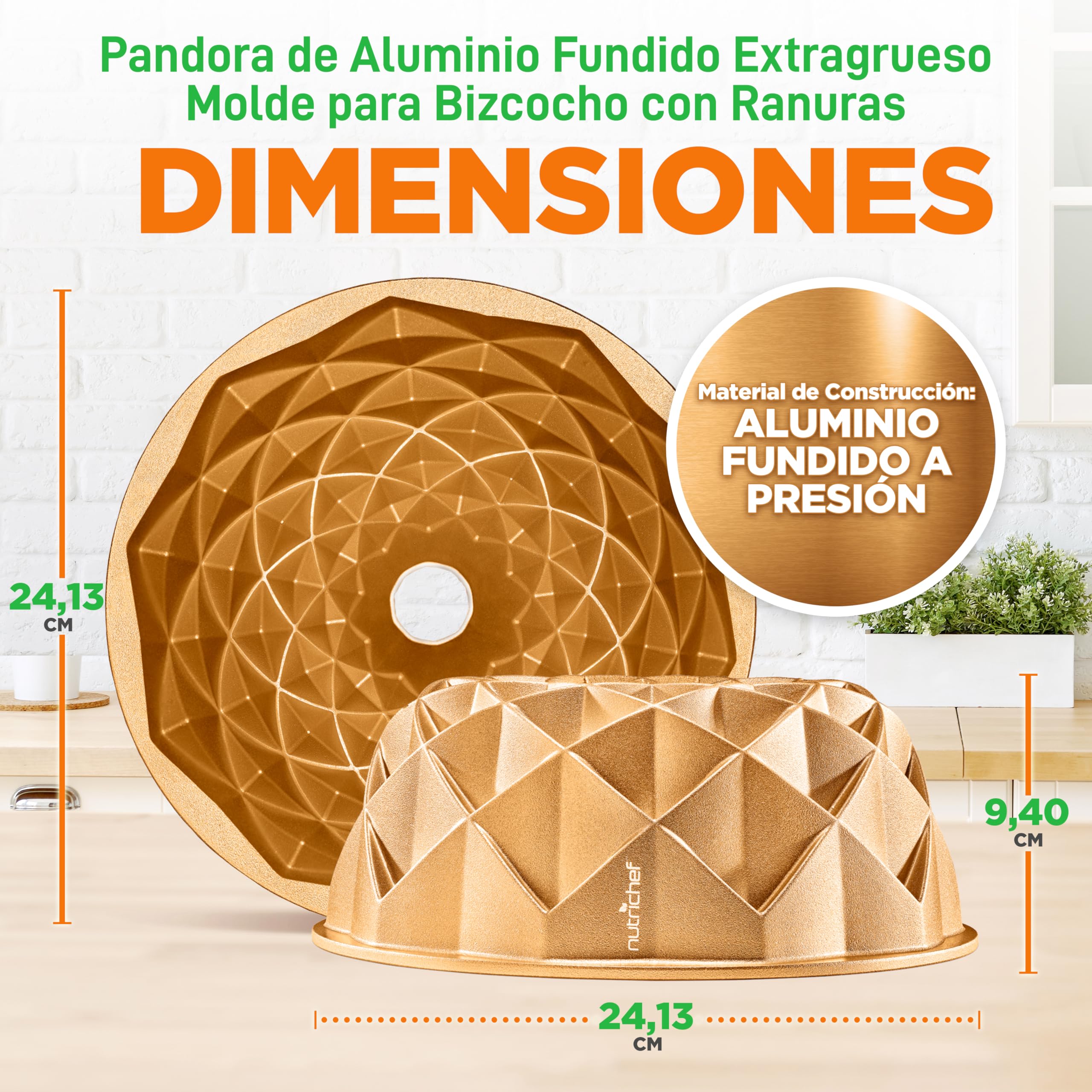 NutriChef molde bundt redondo antiadherente, Aluminio fundido, 23 cms, Diseño aro francés, Bandeja para horno, Bizcochos y tartas, Repostería casera, Cocción uniforme, Fácil de limpiar