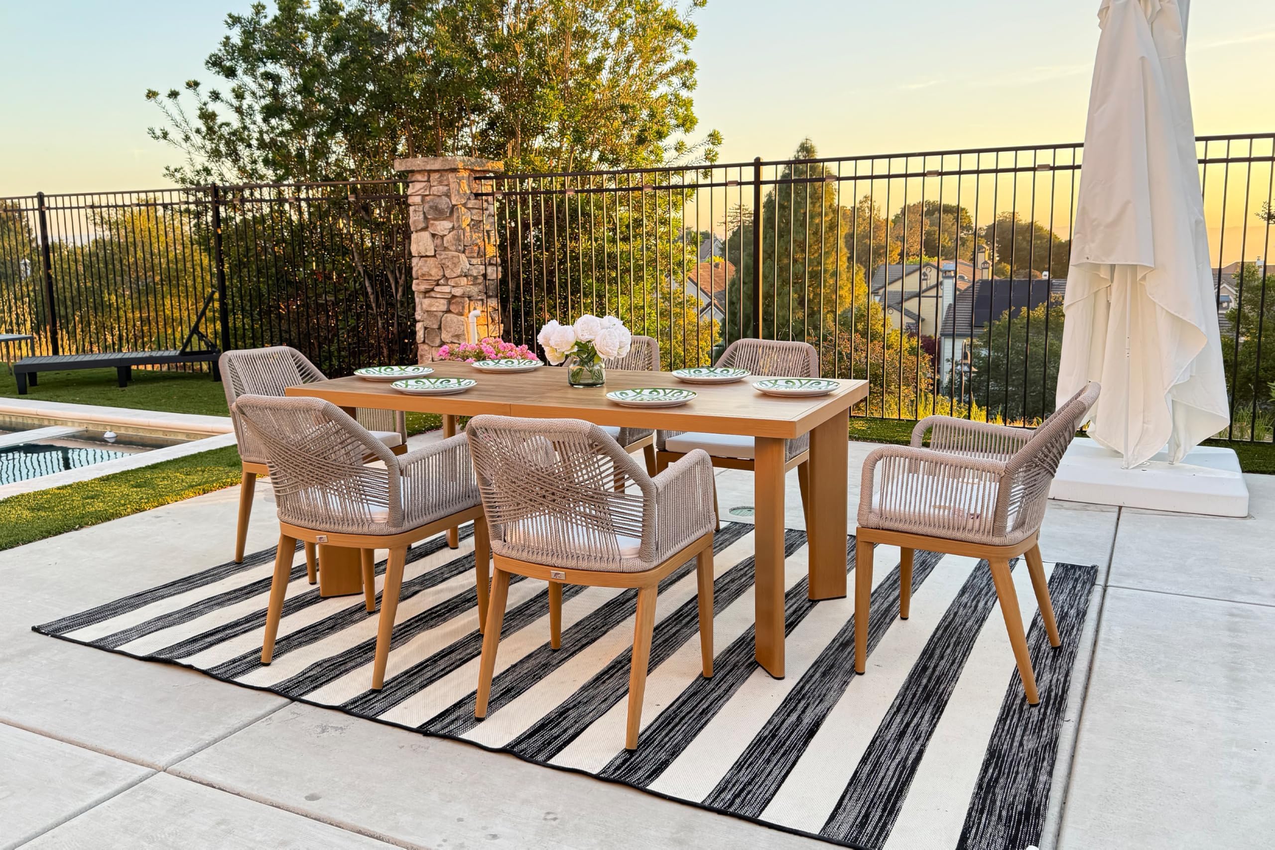 PURPLE LEAF 7 Pieces Patio Dining Set with Cushion and Wicker Armrests Teak