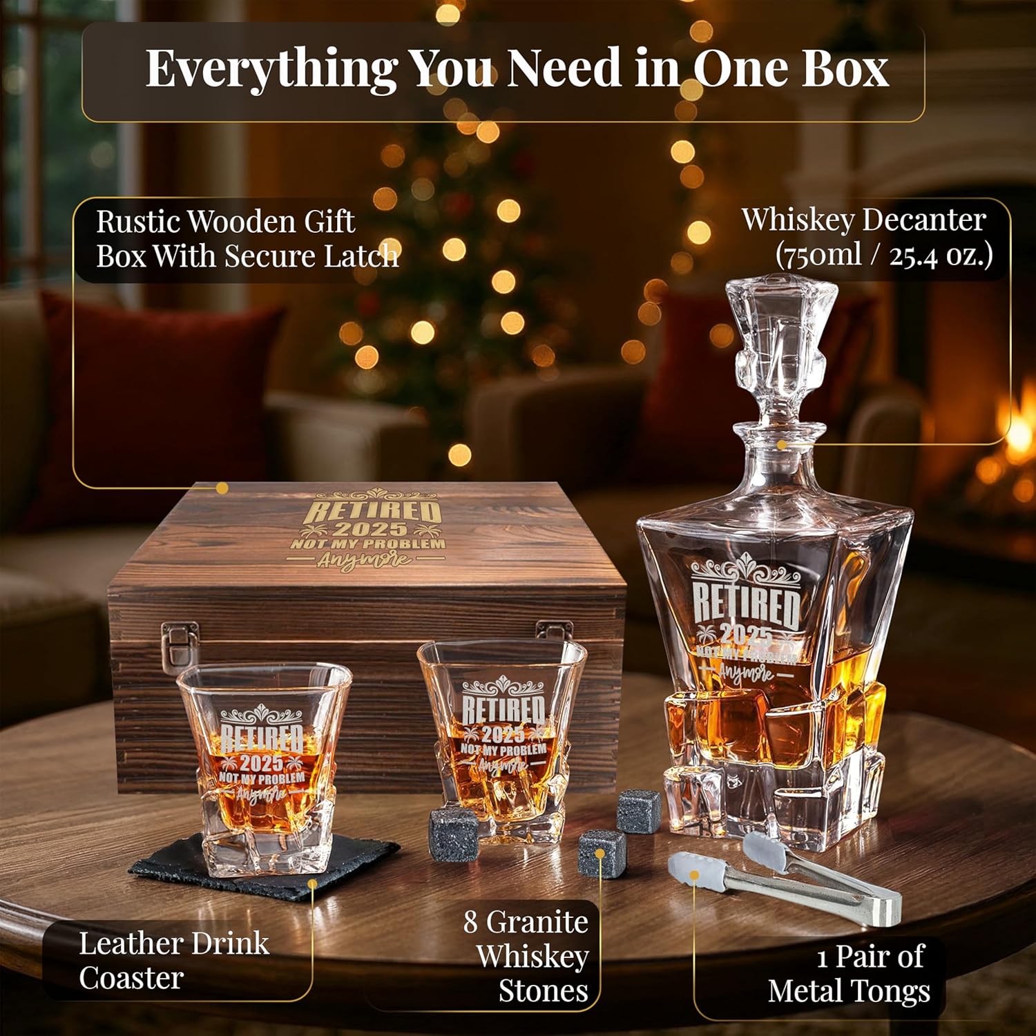 Retired 2025 Not My Problem Anymore – Chunky Heavy Liquor/Bourbon Decanter with Glasses, Whiskey Stones, Coasters, Tongs & Wood Box, Premium Whiskey Gift Set for Men, Husband, Dad