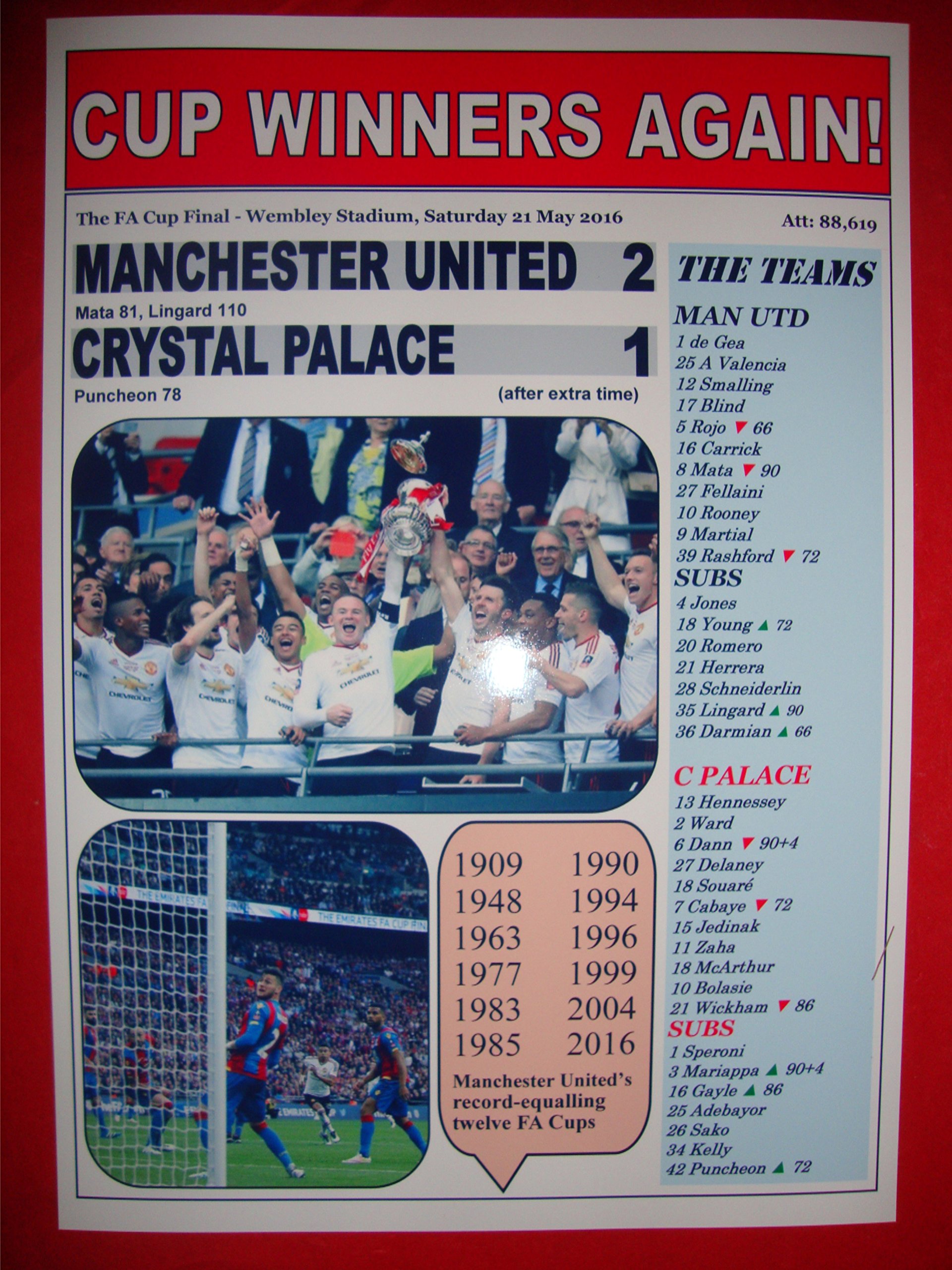 Lilywhite Multimedia Manchester United 2 Crystal Palace 1 - 2016 Fa Cup Final - Souvenir Print