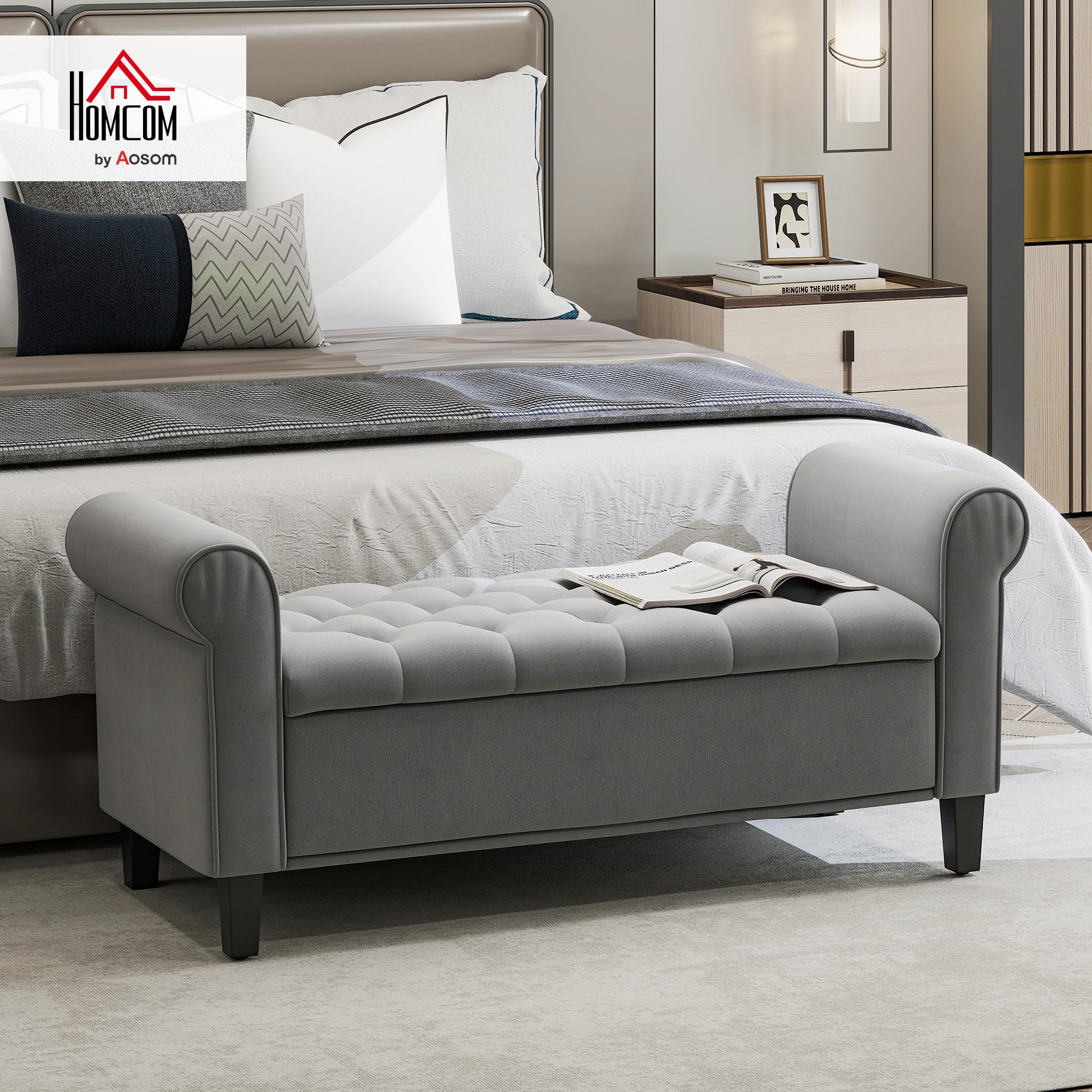 HOMCOM Banc de Rangement Bout de Lit avec Accoudoirs 126x48,5x57 cm Gris | Coffre de Rangement, Tissu Velours Rembourré et Capitonné, Charge jusqu'à 220 kg, pour Salon, Chambre, Entrée