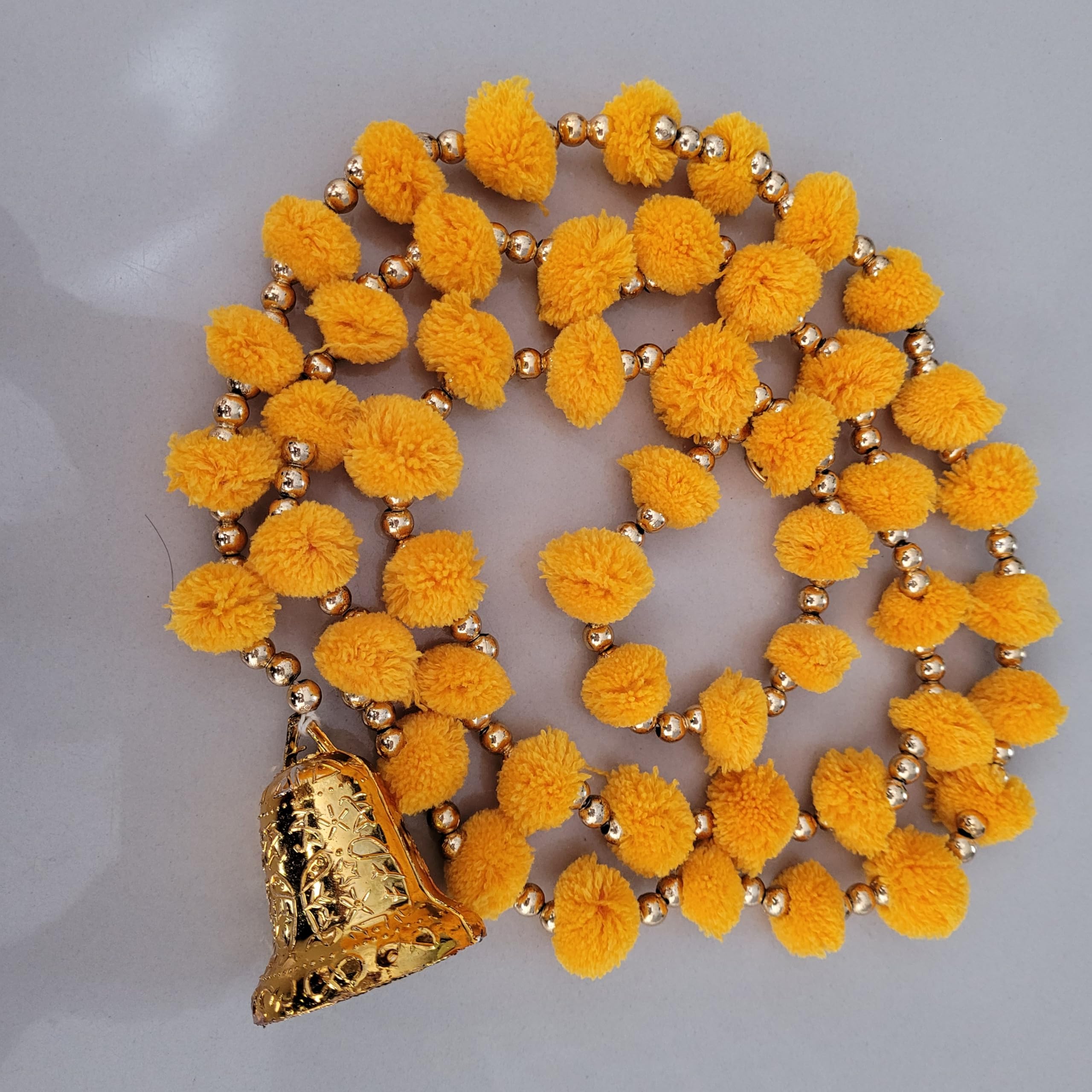 Indian Handmade Pom Pom Garland with bells latkans 5 feet approx pack of 2 garlands Diwali decor Christmas decor (Mango)