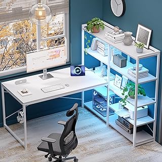 Pamray L Shaped Computer Desk with Reversible Side Storage Shelves, 49 Inch Gaming Desk with Power Outlets and Led Lights, PC Table for Home Office and Bedroom White
