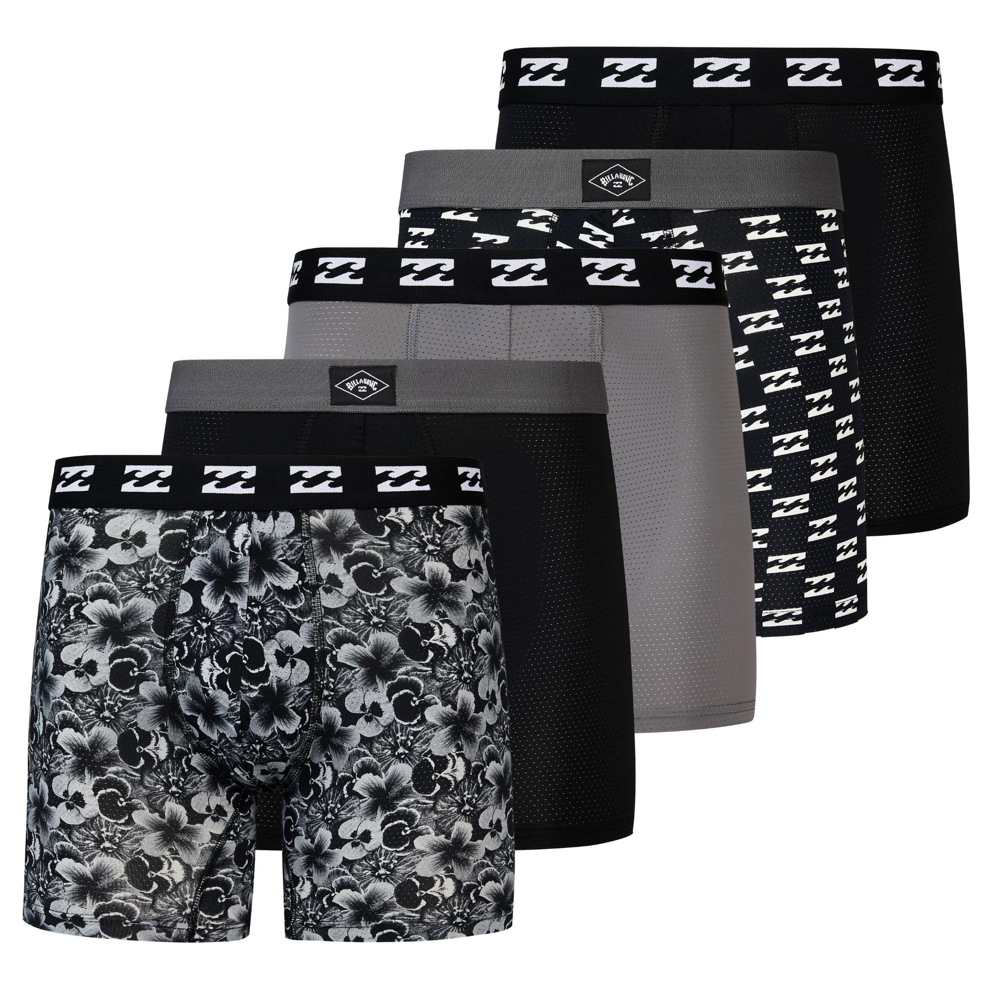 Billabong Mens Underwear 5 Pack Microfiber Performance Boxer Briefs for Men Black, Charcoal