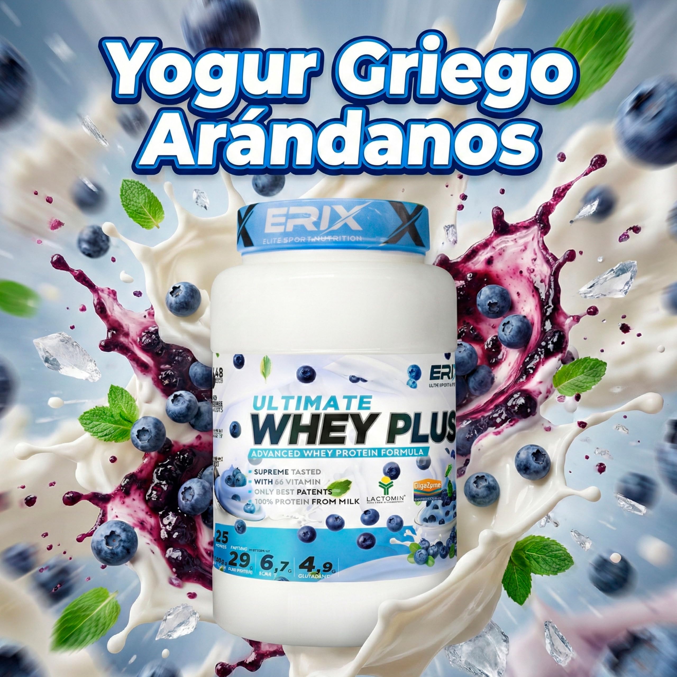 ERIX Nutrición Pack Whey Plus Ultimate 2Kg, Sabor Yogur Griego con Arándanos+ Creatina Monohidrato Neutra 500g+ Shaker Azul, Proteína Concentrada de Suero Leche, Aumento Fuerza, Recuperación Muscular