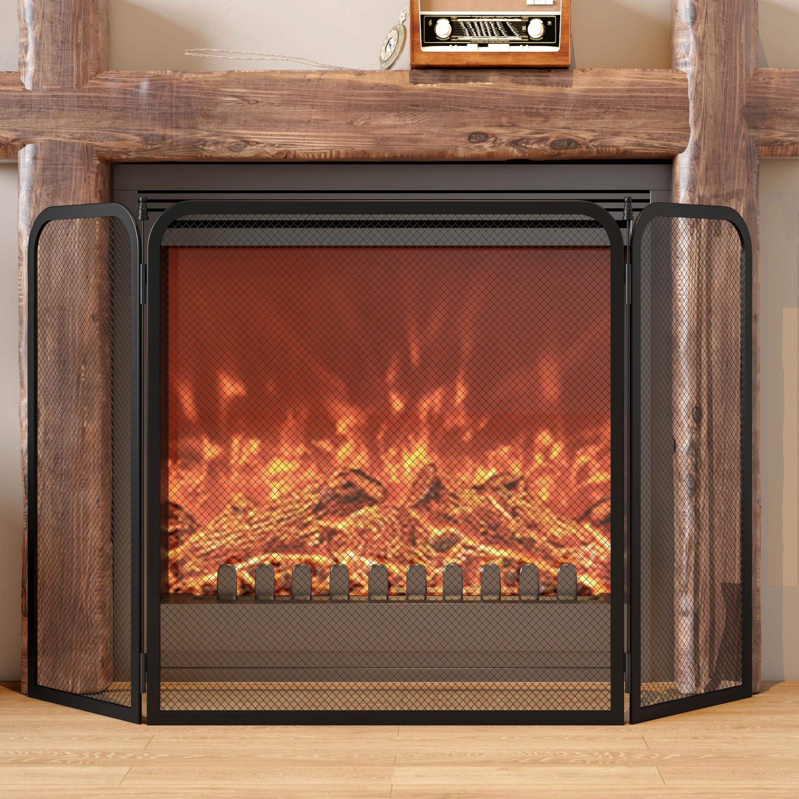 Kinson Écran de cheminée Pare-feu sécurité poêle à bois 96,5 x 53 cm Noir Métal