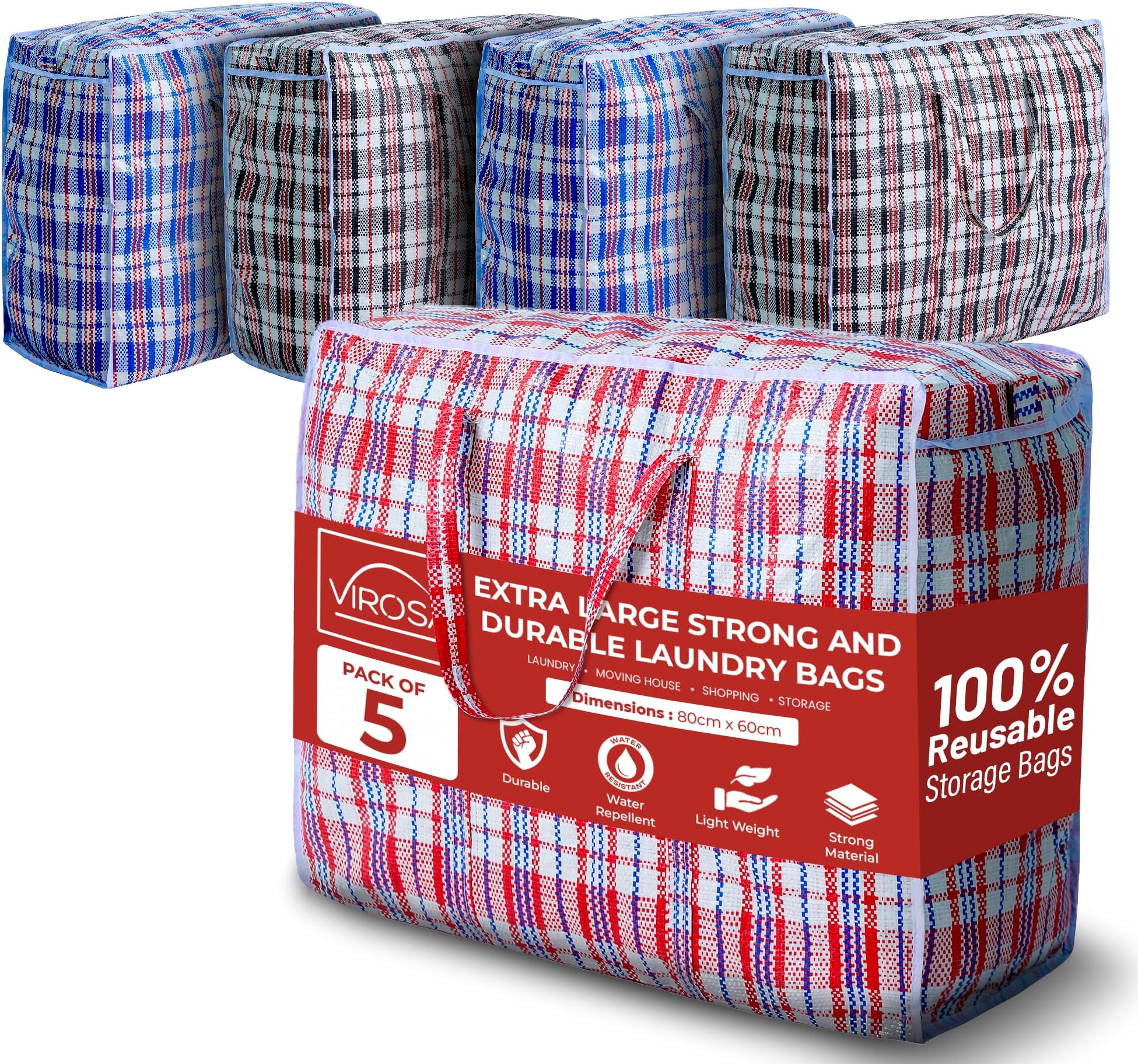 VIROSA EXTRA LARGE Strong and Durable Laundry Bags | PACK of 5 | 80cm x 60cm | Ideal for Laundry/Moving House/Shopping/Storage | Reusable Store Zip Bag,Red, Black, Blue