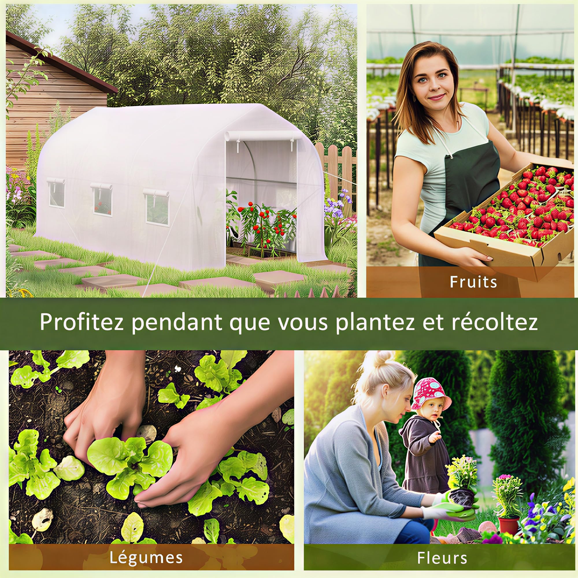 Outsunny Serre Tunnel de Jardin 8m², Serre de Jardin Tunnel 400x200x200cm avec 1 Porte et 6 fenêtres, pour extérieur, Toutes Saisons, légumes, Fruits, Fleurs, bâche PE Haute densité 140 g/m² Blanc