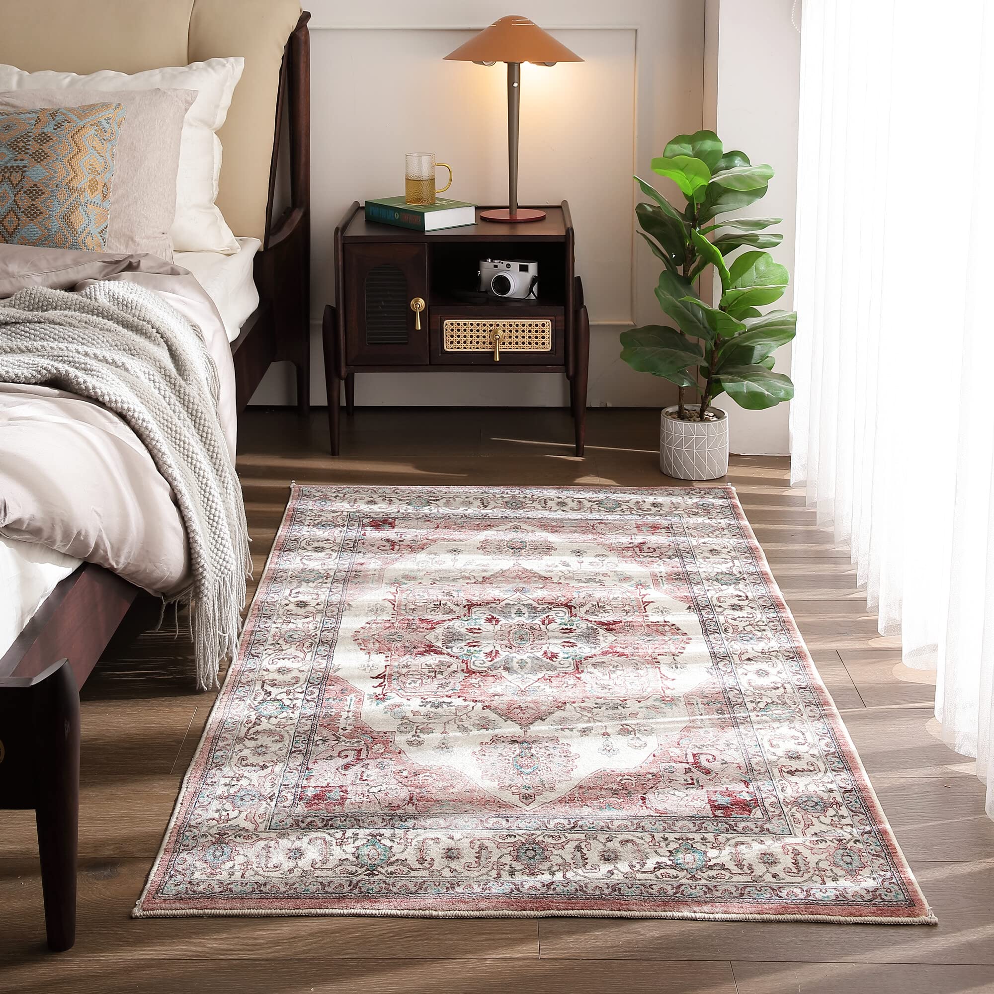 Vowkten 3x5 Rug Boho Persian Area Rug Non-Slip Low Pile Non-Shedding Washable Rugs for Bedroom, Bedside, Kitchen, Floor, Laundry Girls Pink