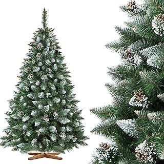 FairyTrees Sapin de Noël Artificiel 180cm | Arbre de Noël avec Support en Bois | PIN ENNEIGÉ Blanc Naturel | Made in EU