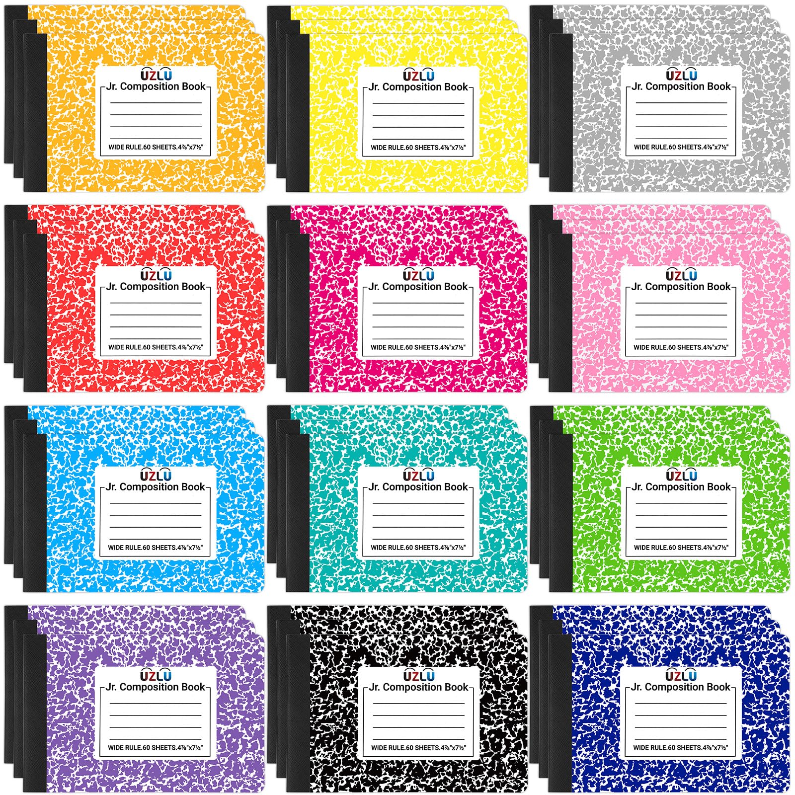 Confezione da 36 quaderni di composizione a righe larghe 4-7/8 "x 19,1 cm, 60 fogli mini quaderni a 12 colori, piccola tasca in marmo, libri per studenti, università, ufficio, rientro a scuola