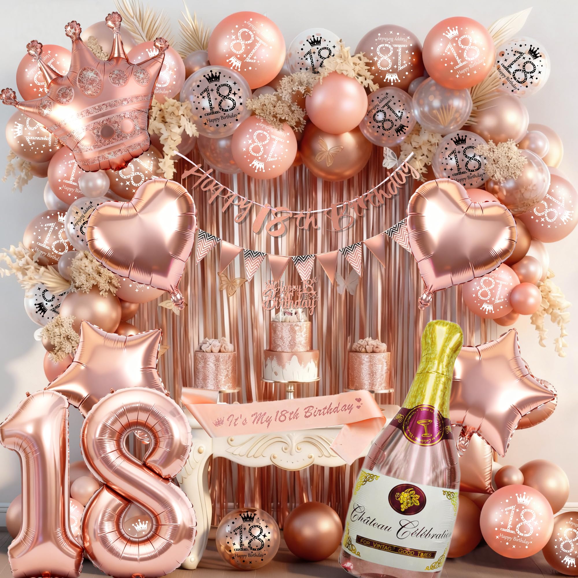 Rose Gold 18th Birthday Decoration for Girls - Happy 18th Birthday Banner, Triangle Flag Banner, Number 18 Balloons, Foil Curtains for Party Decorations (18)